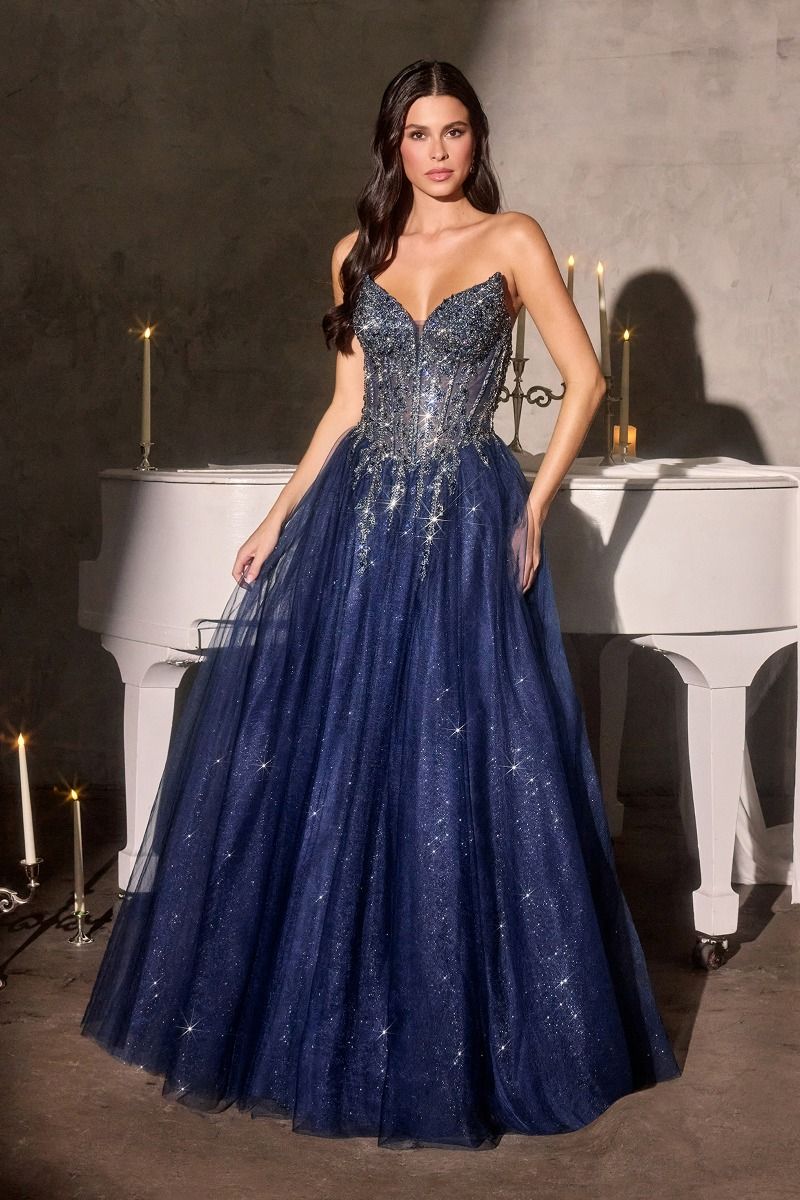 KIZI Beaded Corset Glitter Tulle A-Line Prom & Formal Gown