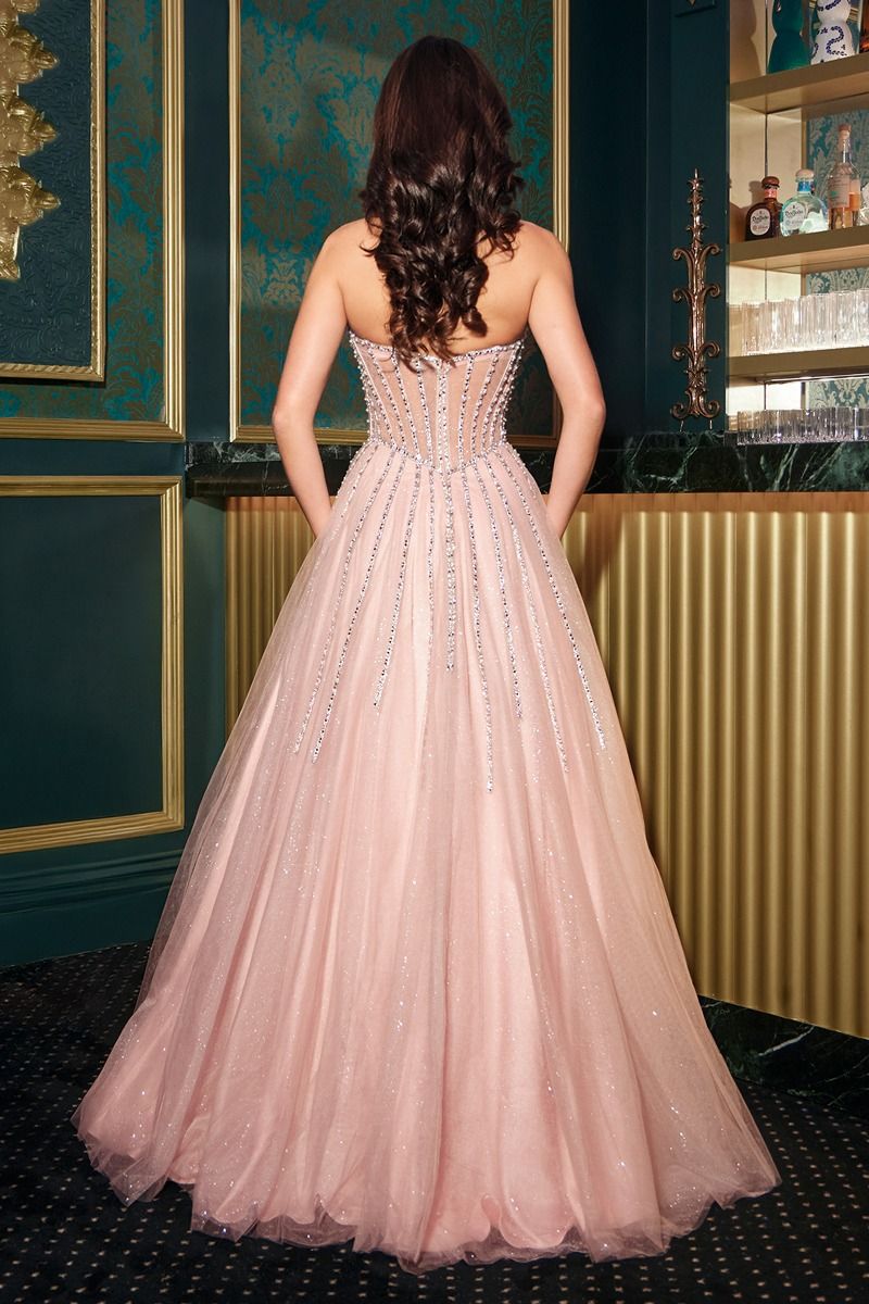 GABRIELLEA Crystal Glitter Beaded Tulle Formal Gown in Color: Blush | One Honey Australia
