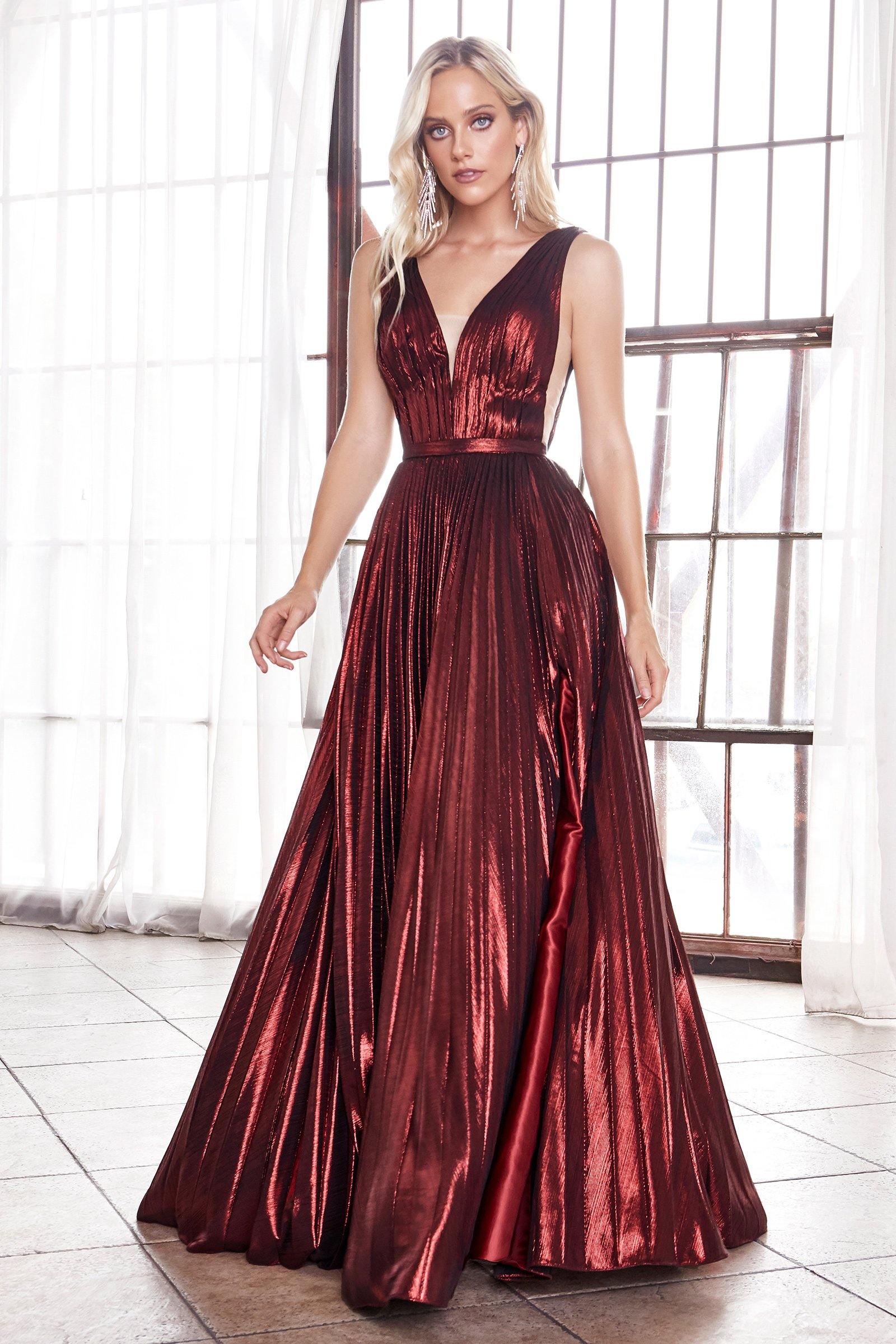 Honey Couture TRACEY Burgundy Shimmer Pleated Formal Gown