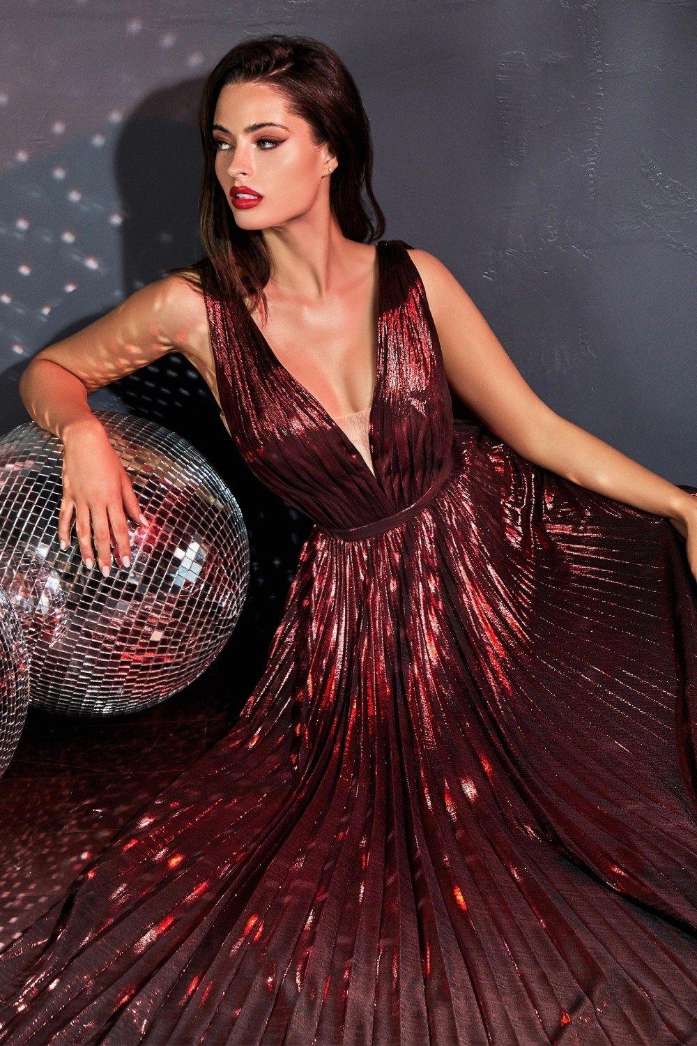 Honey Couture TRACEY Burgundy Shimmer Pleated Formal Gown