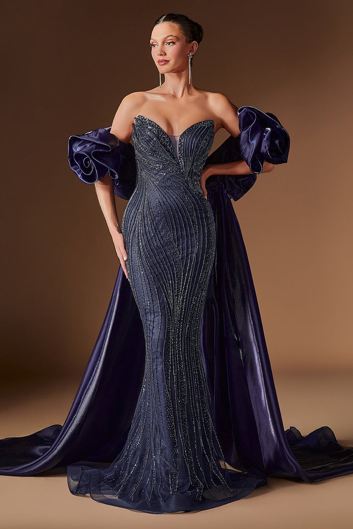 JOSLYN Beaded Mermaid Formal Gown with Detachable Overskirt & Puff Sleeves