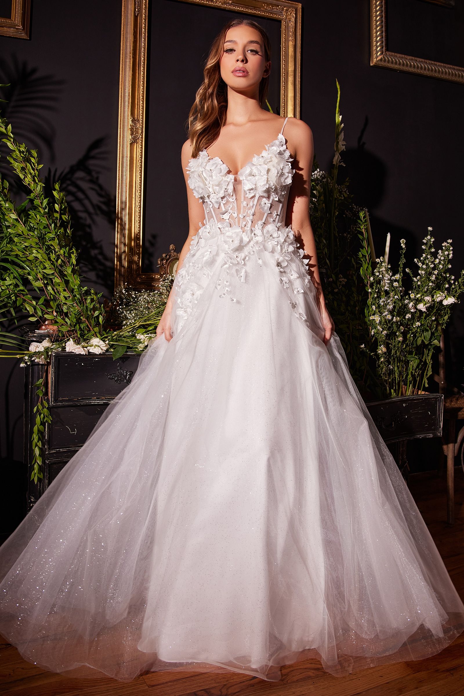 Divinity Bridal BRIANNA Floral Applique V Front Corset Tulle Wedding Dress