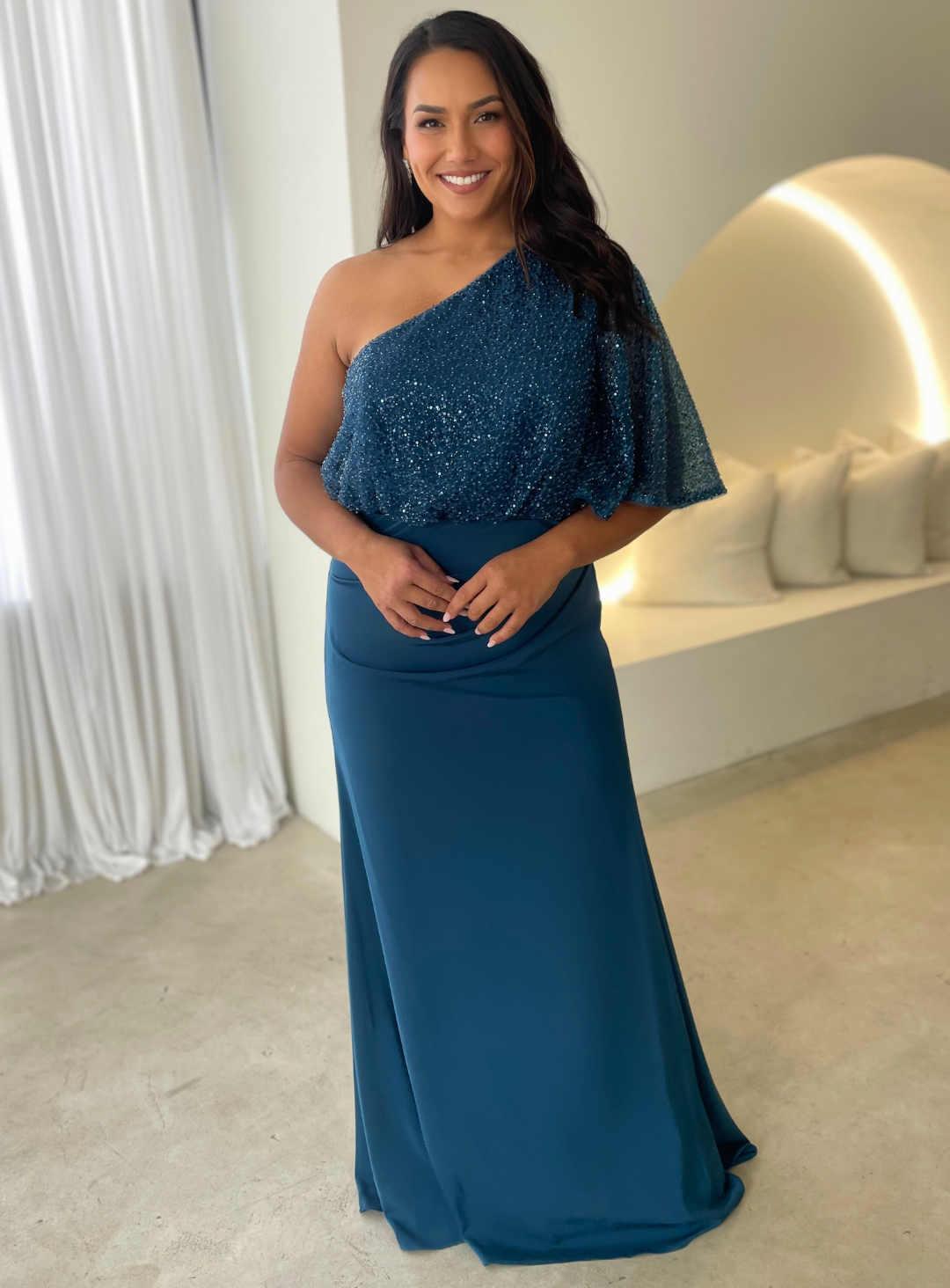 Trellis Lane COLLEEN One Shoulder Draped Sash Fitted Evening Gown