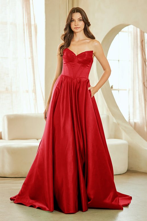 EVANDRIA Satin Strapless A-Line Gown One Honey EVANDRIA Satin Strapless A-Line Gown One Honey
