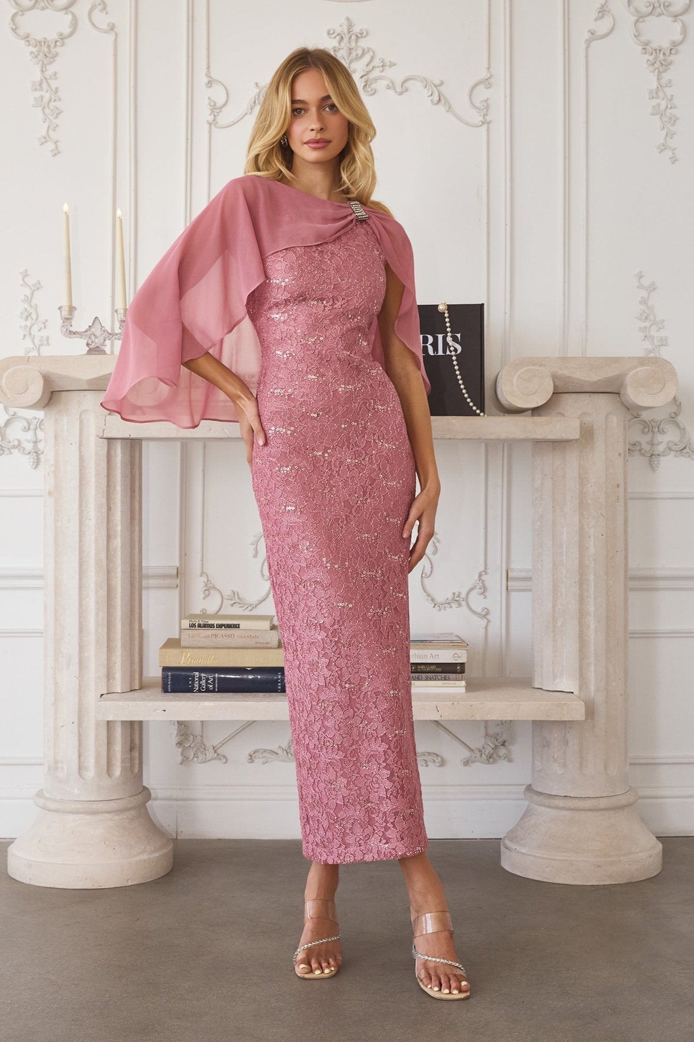 GRETA Sequin Lace Fitted Evening Dress with Chiffon Cape in Australia | One Honey Boutique