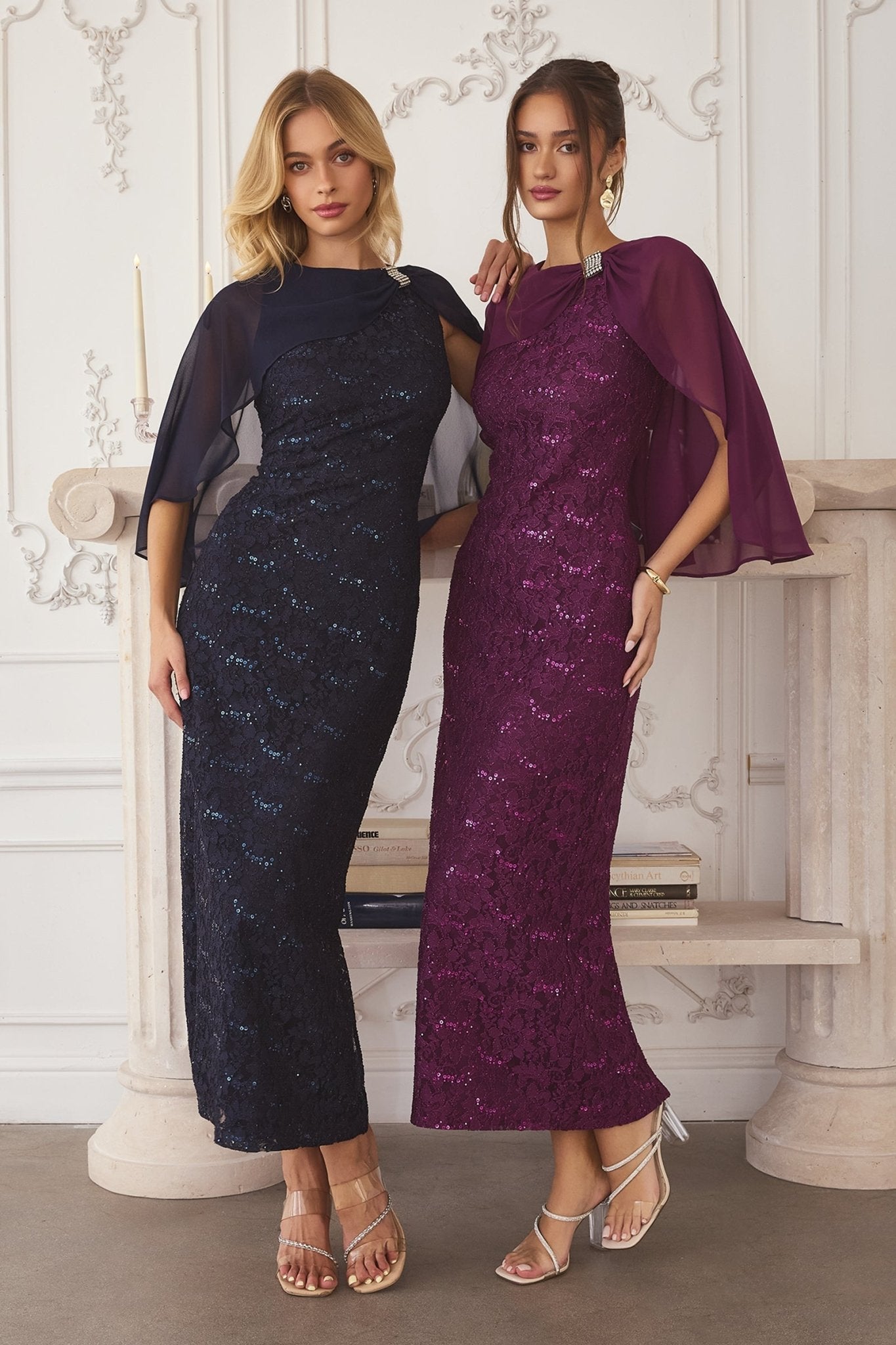 GRETA Sequin Lace Fitted Evening Dress with Chiffon Cape in Australia | One Honey Boutique