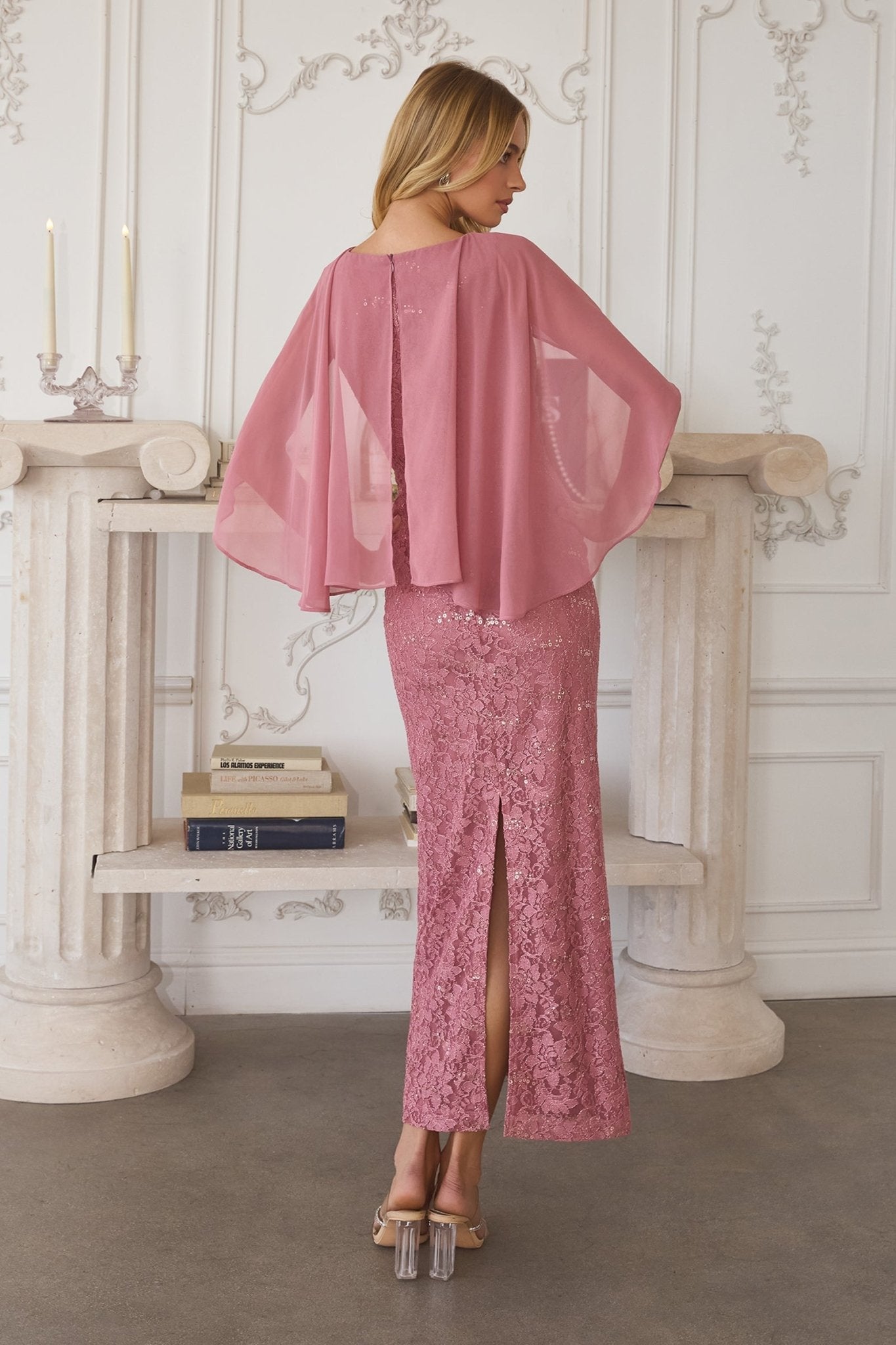 GRETA Sequin Lace Fitted Evening Dress with Chiffon Cape in Australia | One Honey Boutique