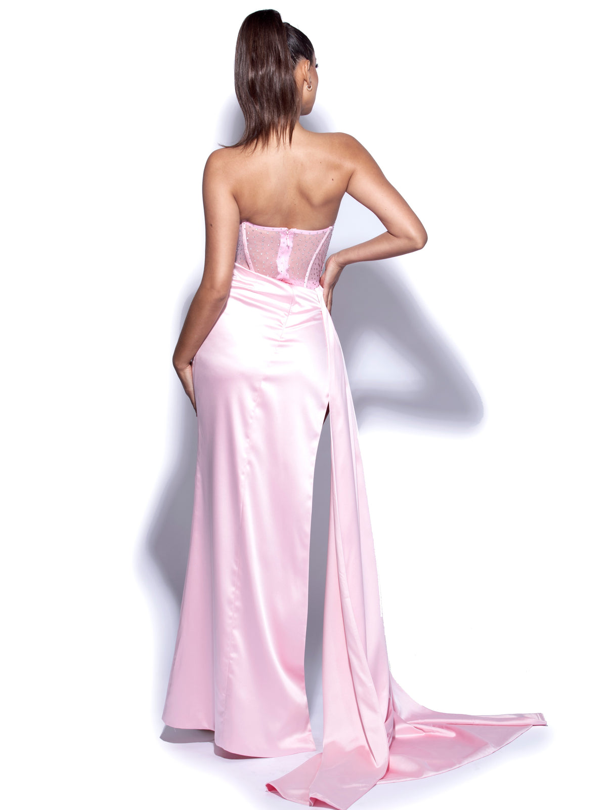 MC Chic HOLLY Pink Satin Strapless Corset Bustier Leg Split Formal Dress