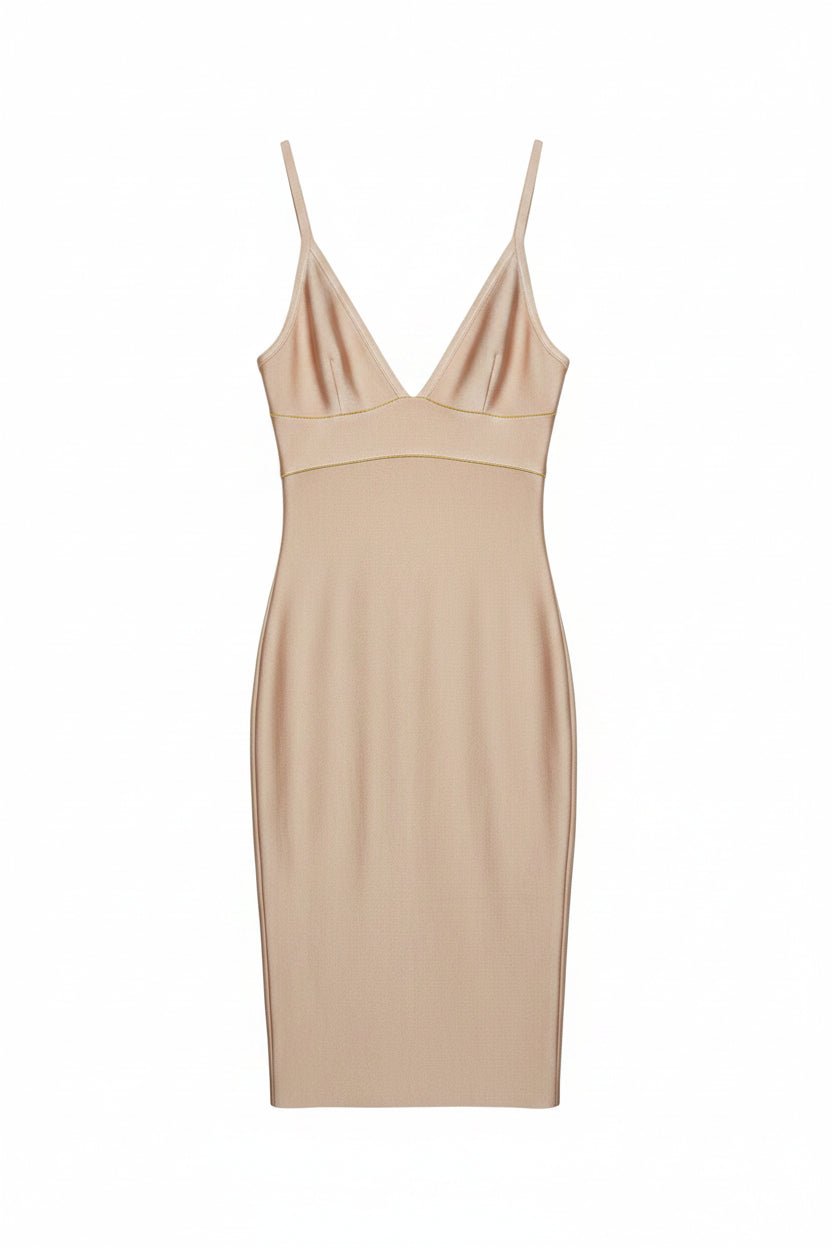 Honey Couture AMELIE Plunge Neck Bandage Midi Dress in Nude in Australia | One Honey Boutique