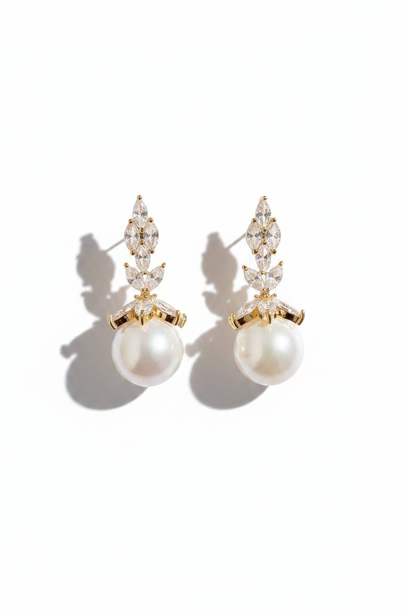 Honey Couture AURÉLIE Crystal Leaf Pearl Drop Earrings in Australia | One Honey Boutique