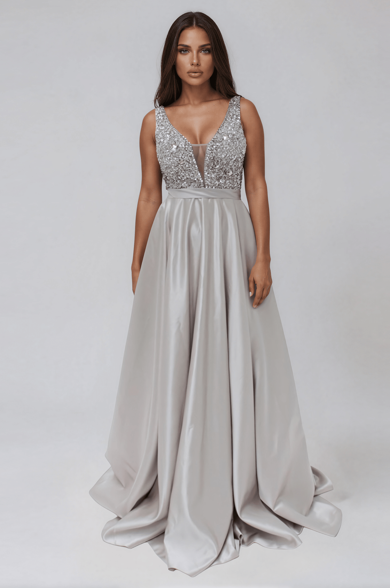 Honey Couture BROYN Silver Diamante Front Princess Ball Formal Gown Dress in Australia | One Honey Boutique