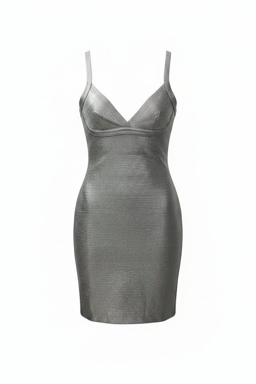 Honey Couture Celeste Metallic Silver Plunge Bandage Mini Dress in Australia | One Honey Boutique