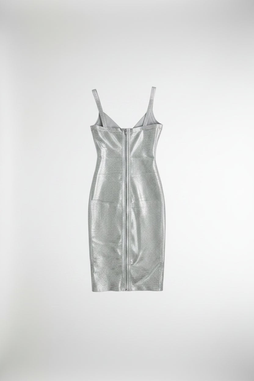 Honey Couture Celeste Metallic Silver Plunge Bandage Mini Dress in Australia | One Honey Boutique