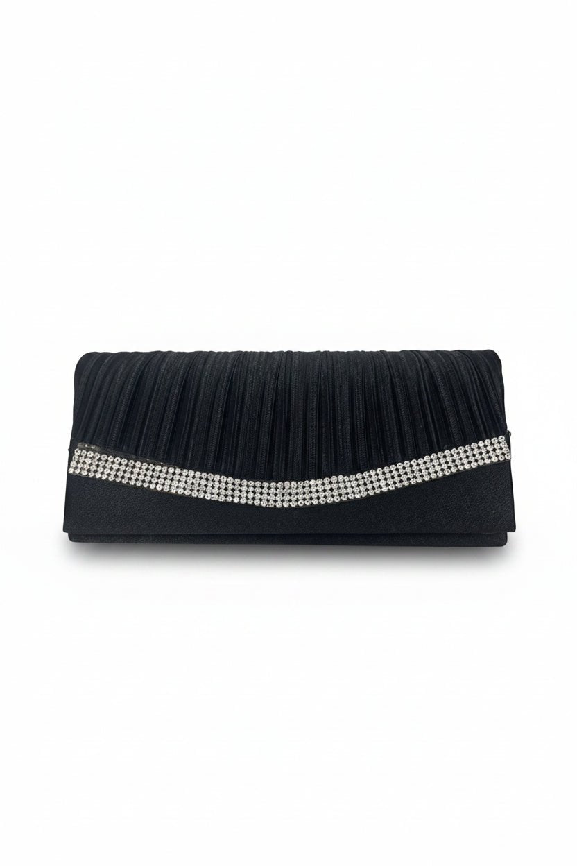 Honey Couture DENLINE Black Ruffled Diamanté Trim Clutch Bag in Australia | One Honey Boutique