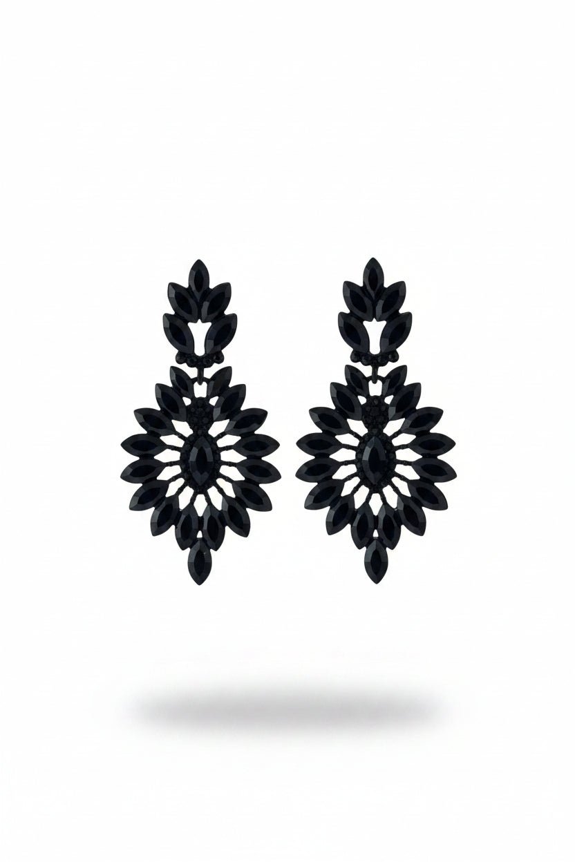 Honey Couture NOIRA Black Crystal Floral Statement Earrings in Australia | One Honey Boutique
