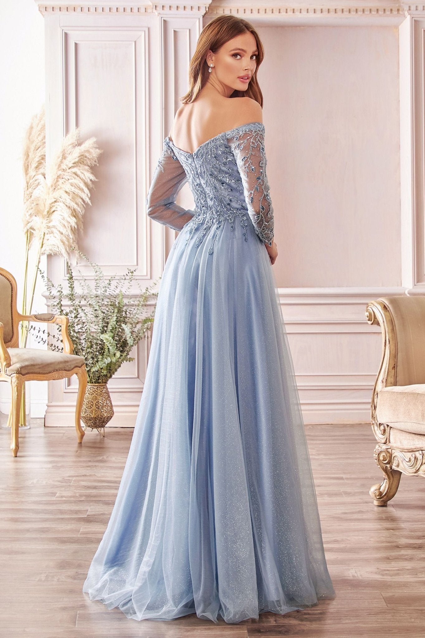 Honey Couture PATRISHA Blush Long Sleeve Beaded Tulle Formal Gown Dress in Australia | One Honey Boutique