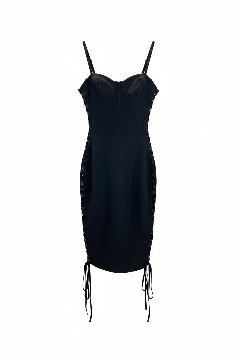 Honey Couture Raven Black Corset Lace-Up Bandage Midi Dress in Australia | One Honey Boutique