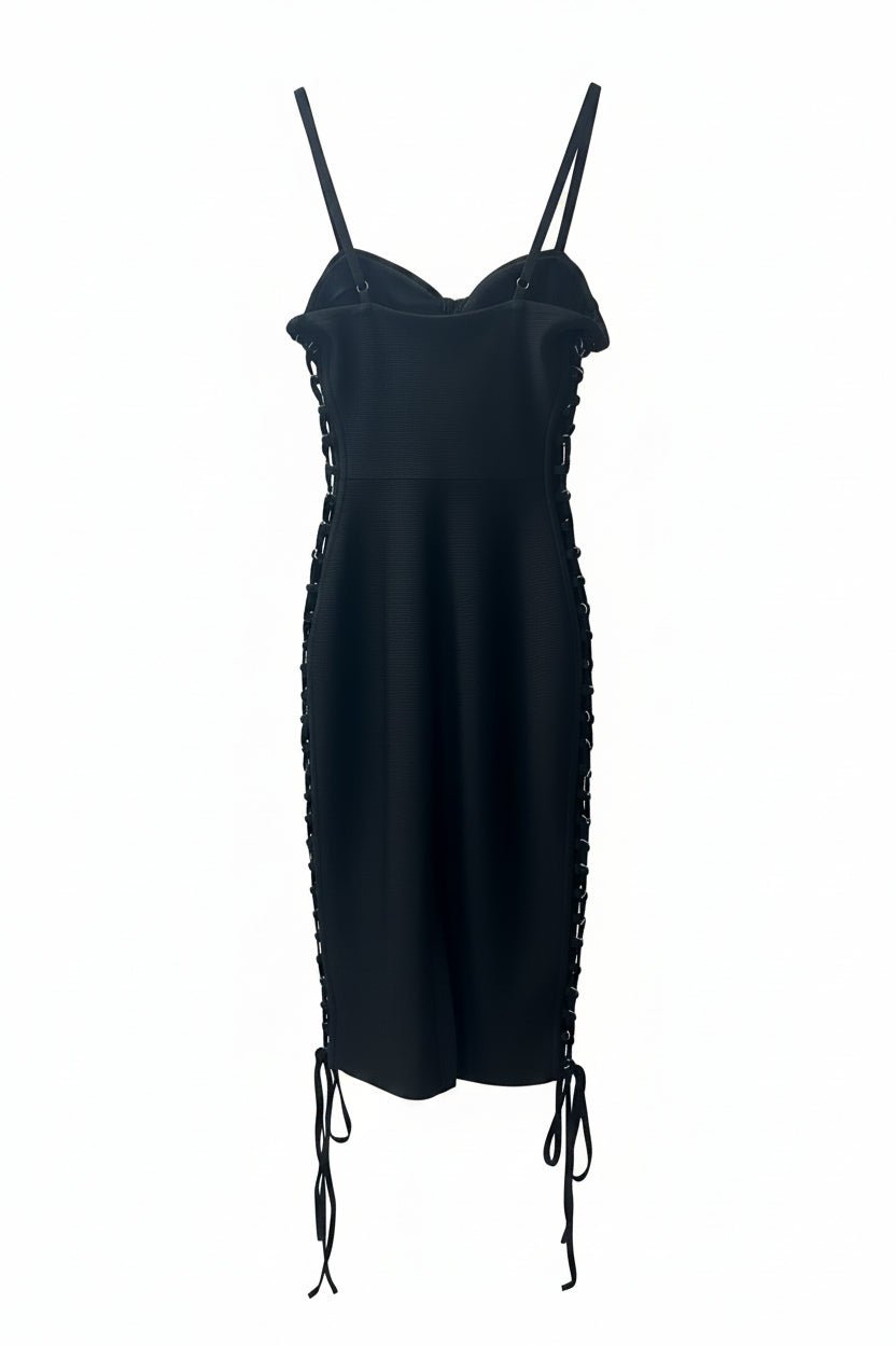 Honey Couture Raven Black Corset Lace-Up Bandage Midi Dress in Australia | One Honey Boutique