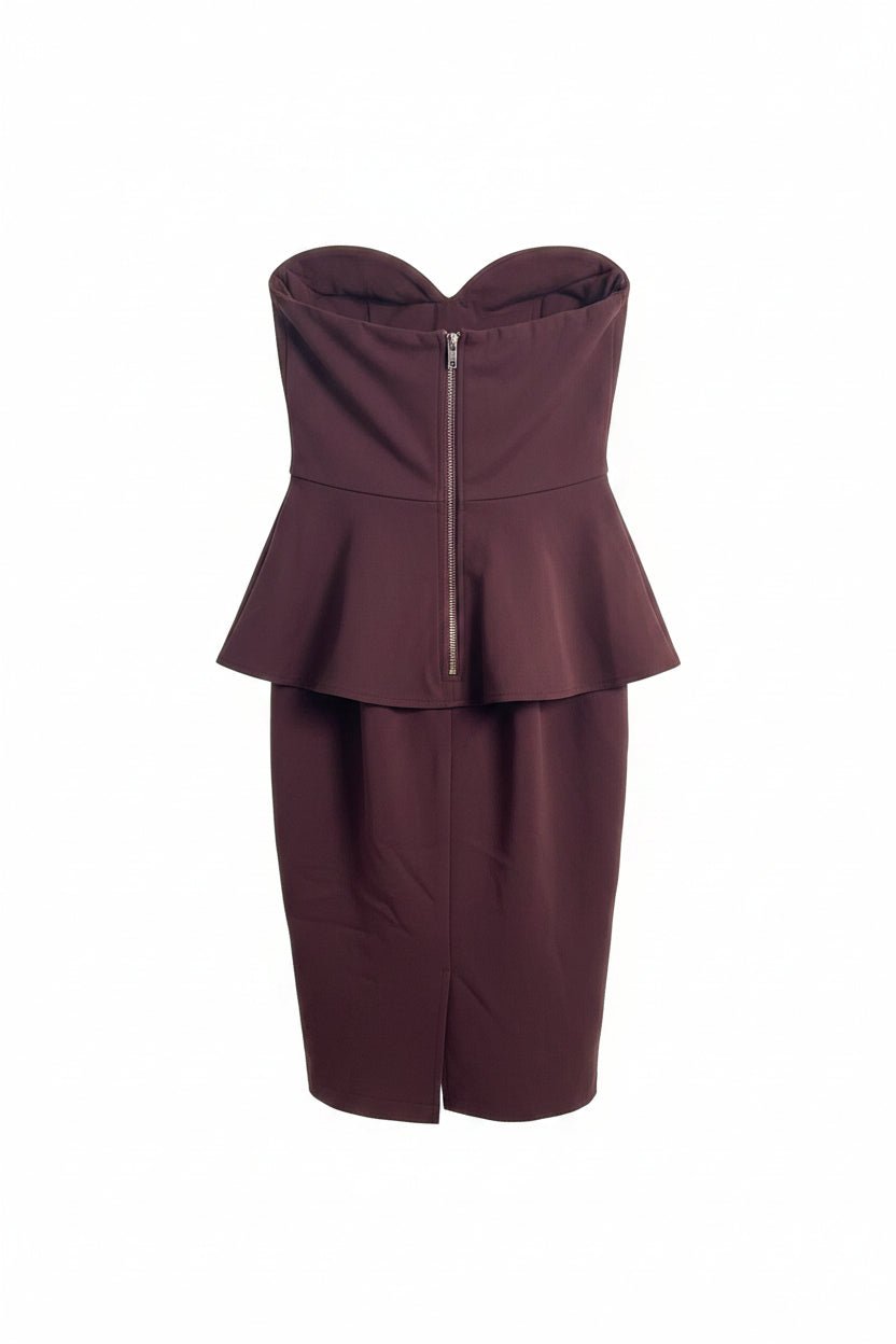 Honey Couture Vienna Mocha Strapless Peplum Midi Dress in Australia | One Honey Boutique