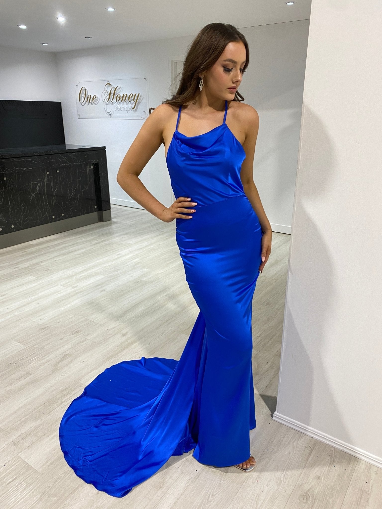 Honey Couture CANDICE Silky Low Back Mermaid Formal Dress in Australia | One Honey Boutique