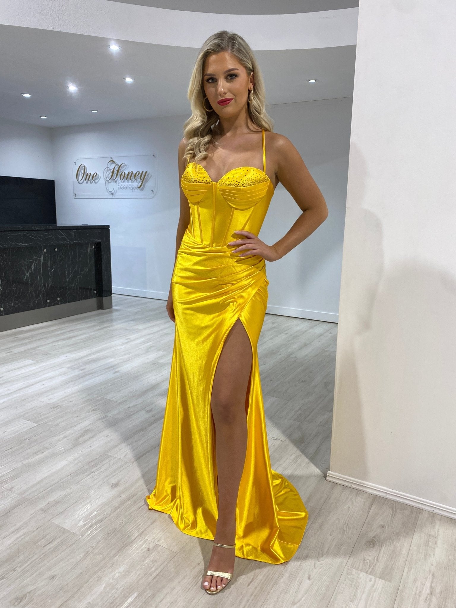 RAFAELLA Crystal Diamante Bustier Corset Lace Up Back Silky Mermaid Formal Dress in Australia | One Honey Boutique