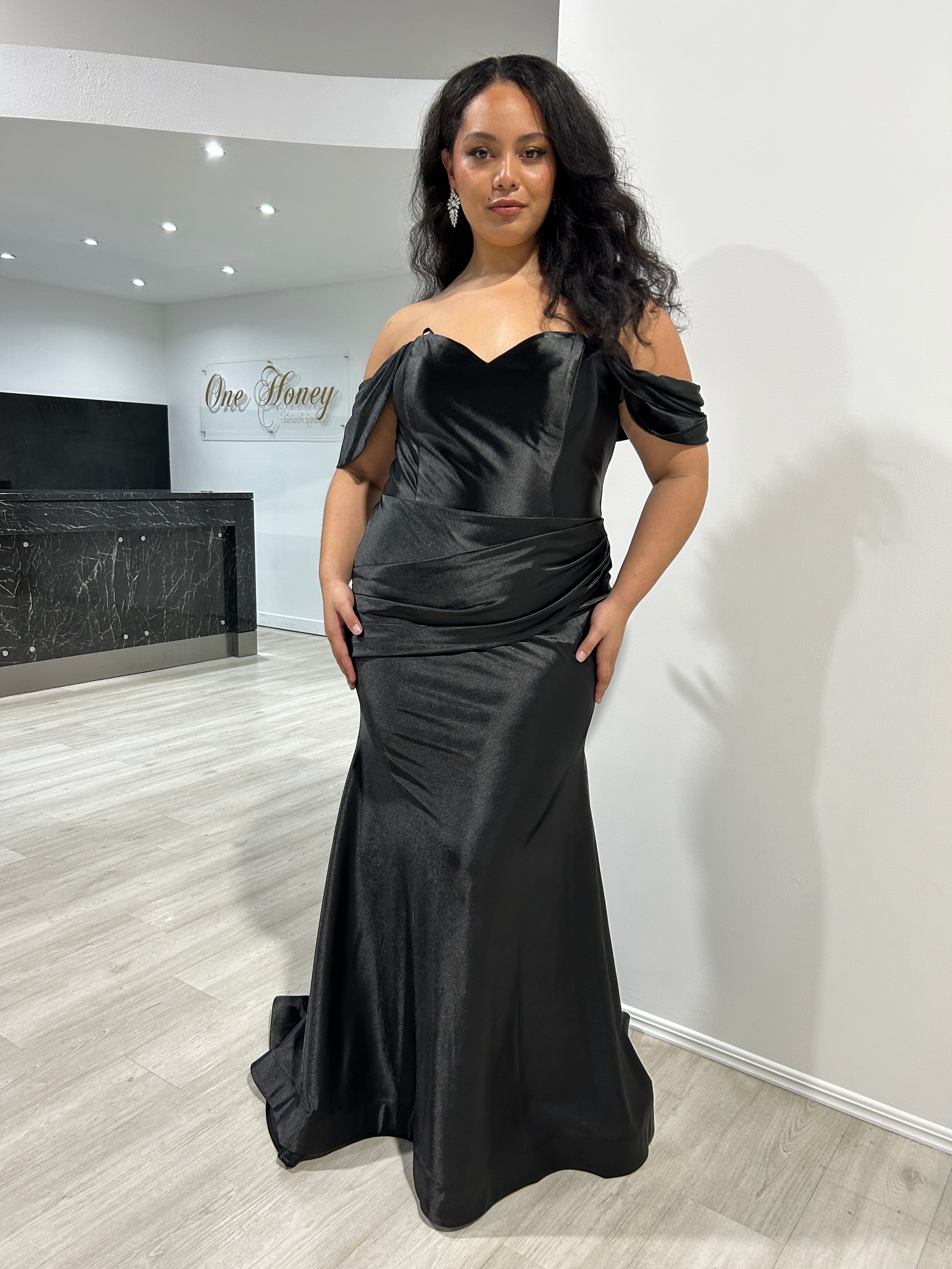 Honey Couture ROCO Black Silky Off The Shoulder Mermaid Formal Dress