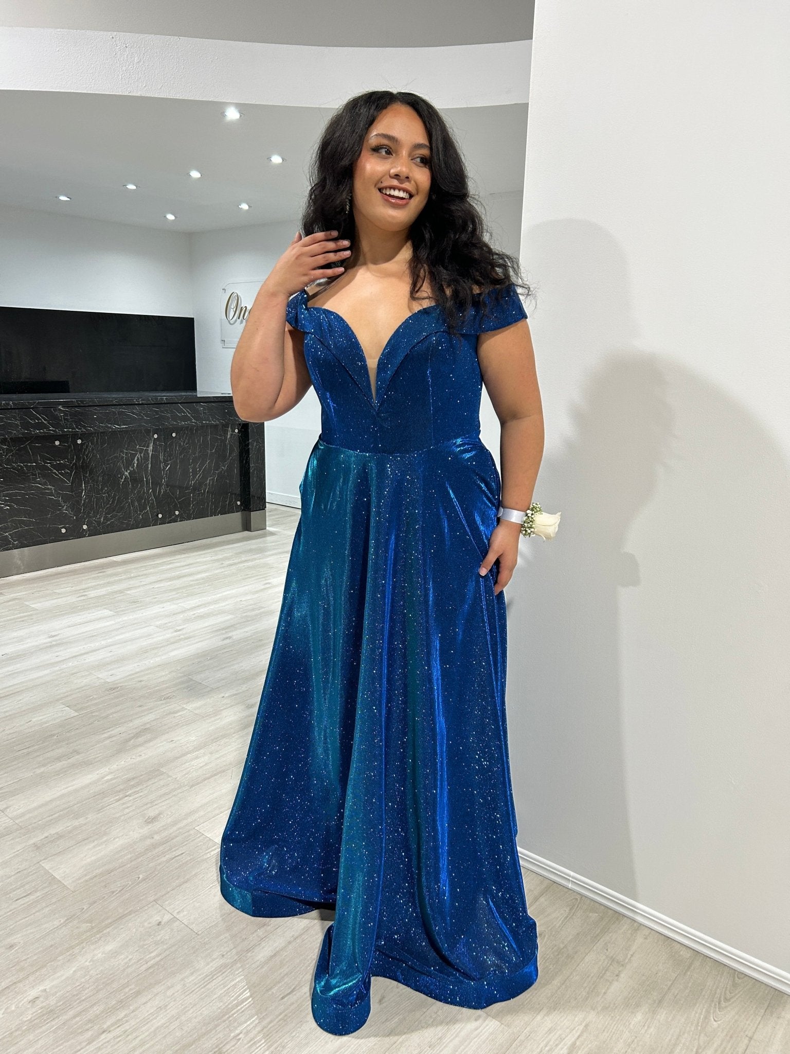 REBEL Curve Glitter Off The Shoulder Corset A - Line Formal Dress in Australia | One Honey Boutique