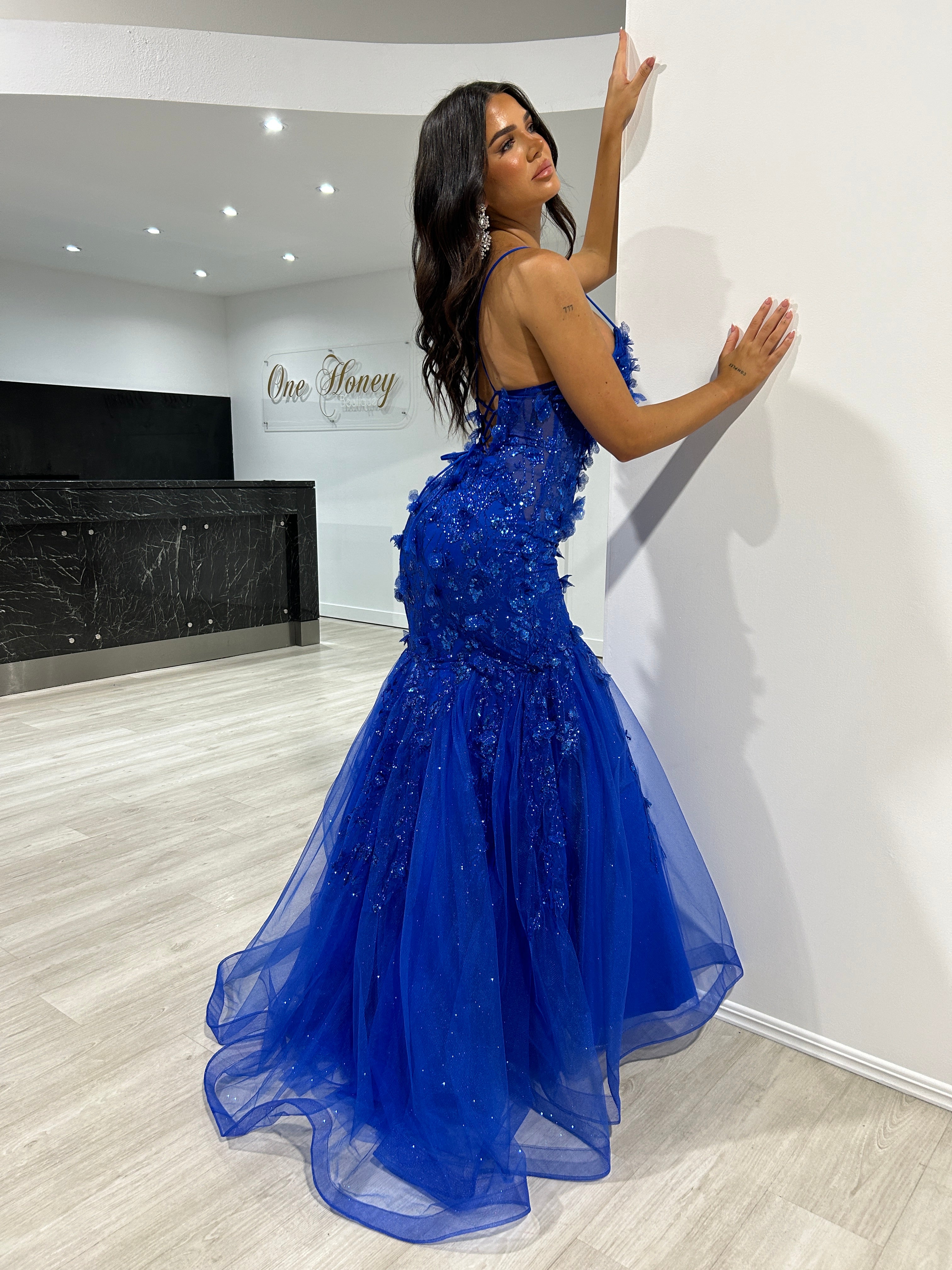 Honey Couture DREAM Royal Blue Sequin Glitter Fishtail Mermaid Formal Dress