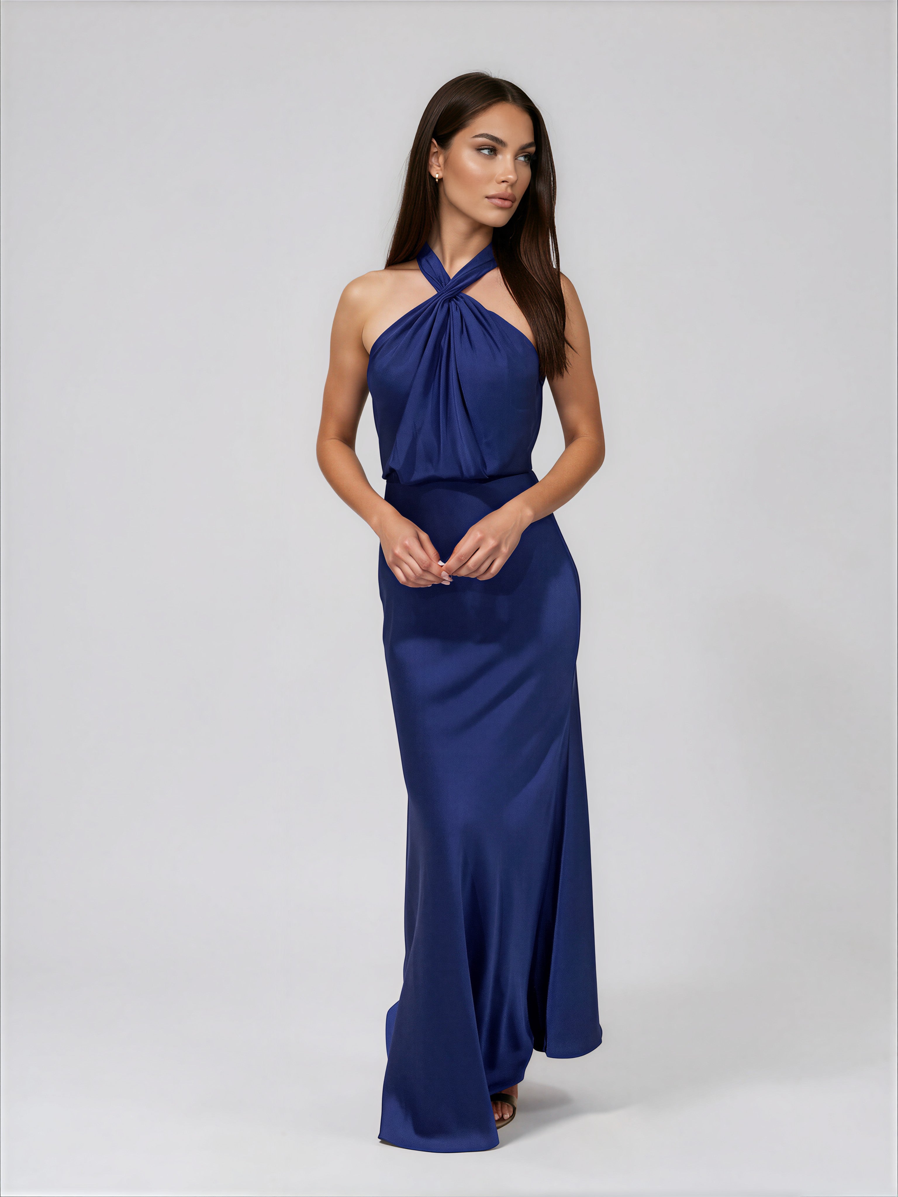 Honey Couture ALLIE Navy Blue Silky Halter Neck Formal Dress in Australia | One Honey Boutique