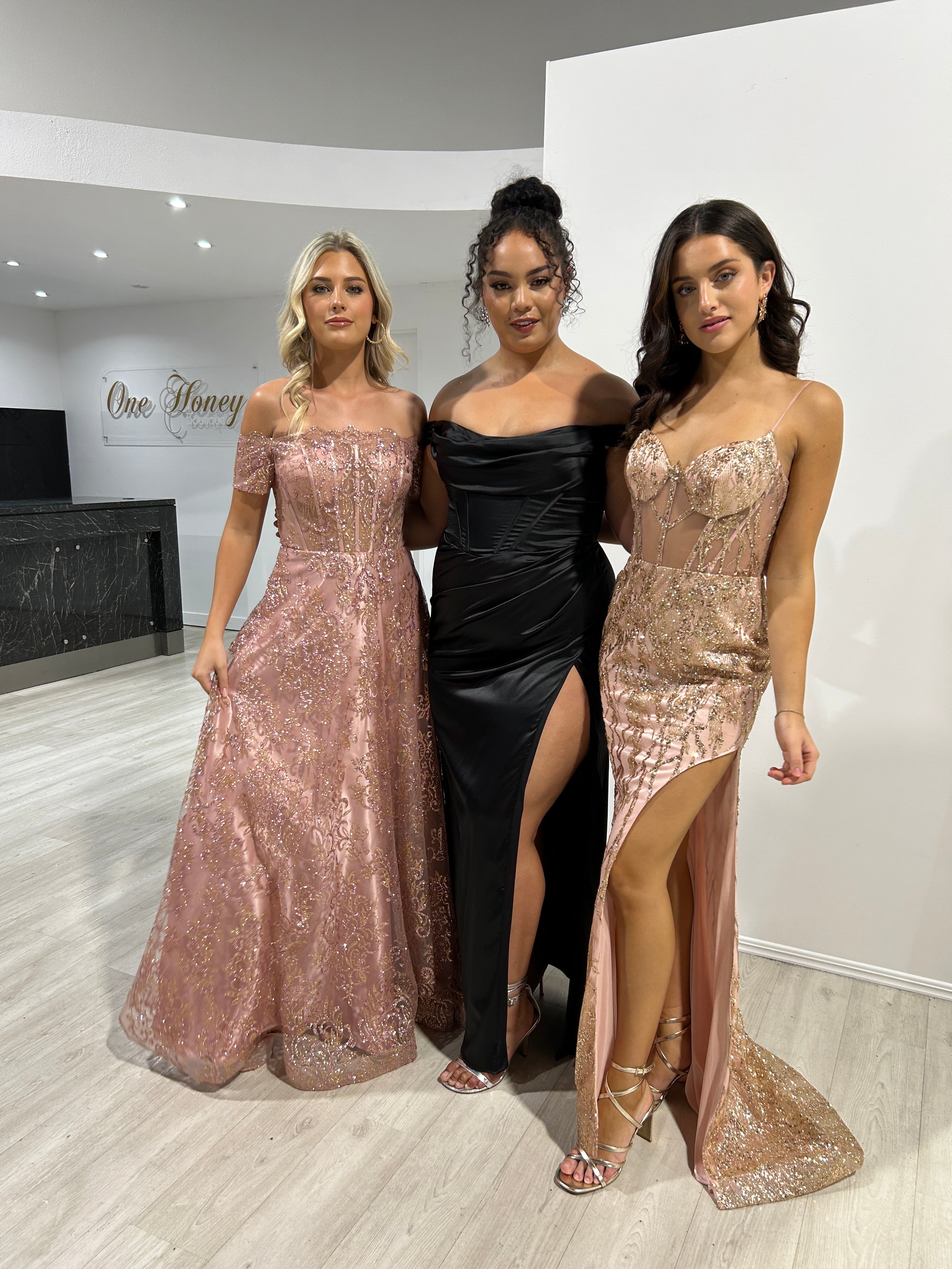 Honey Couture THEA Rose Gold Off The Shoulder Glitter Ball Gown Formal Dress