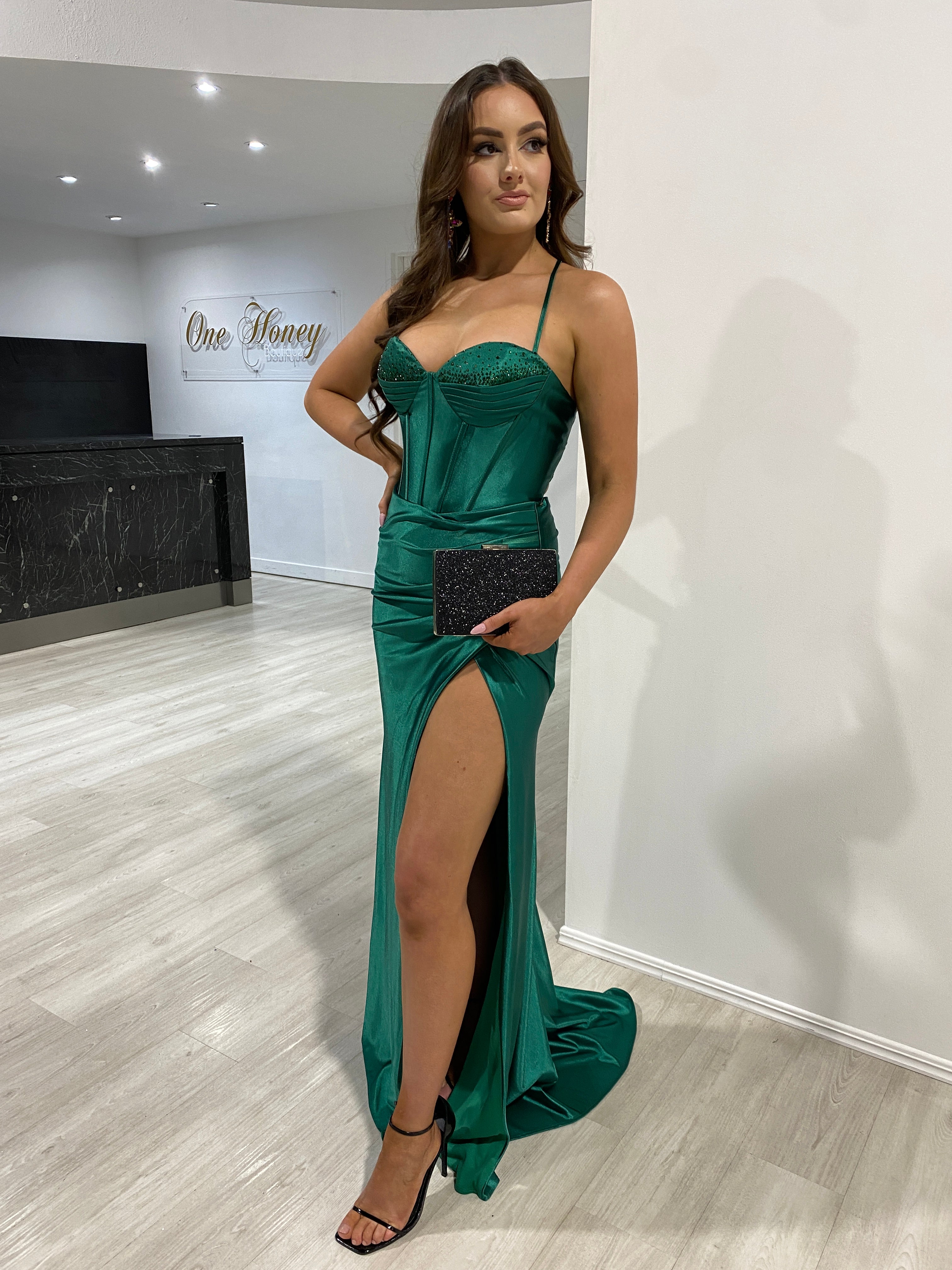 Honey Couture RAFAELLA Emerald Crystal Diamante Bustier Corset Lace Up Back Silky Mermaid Formal Dress (RED TAG FINAL SALE)