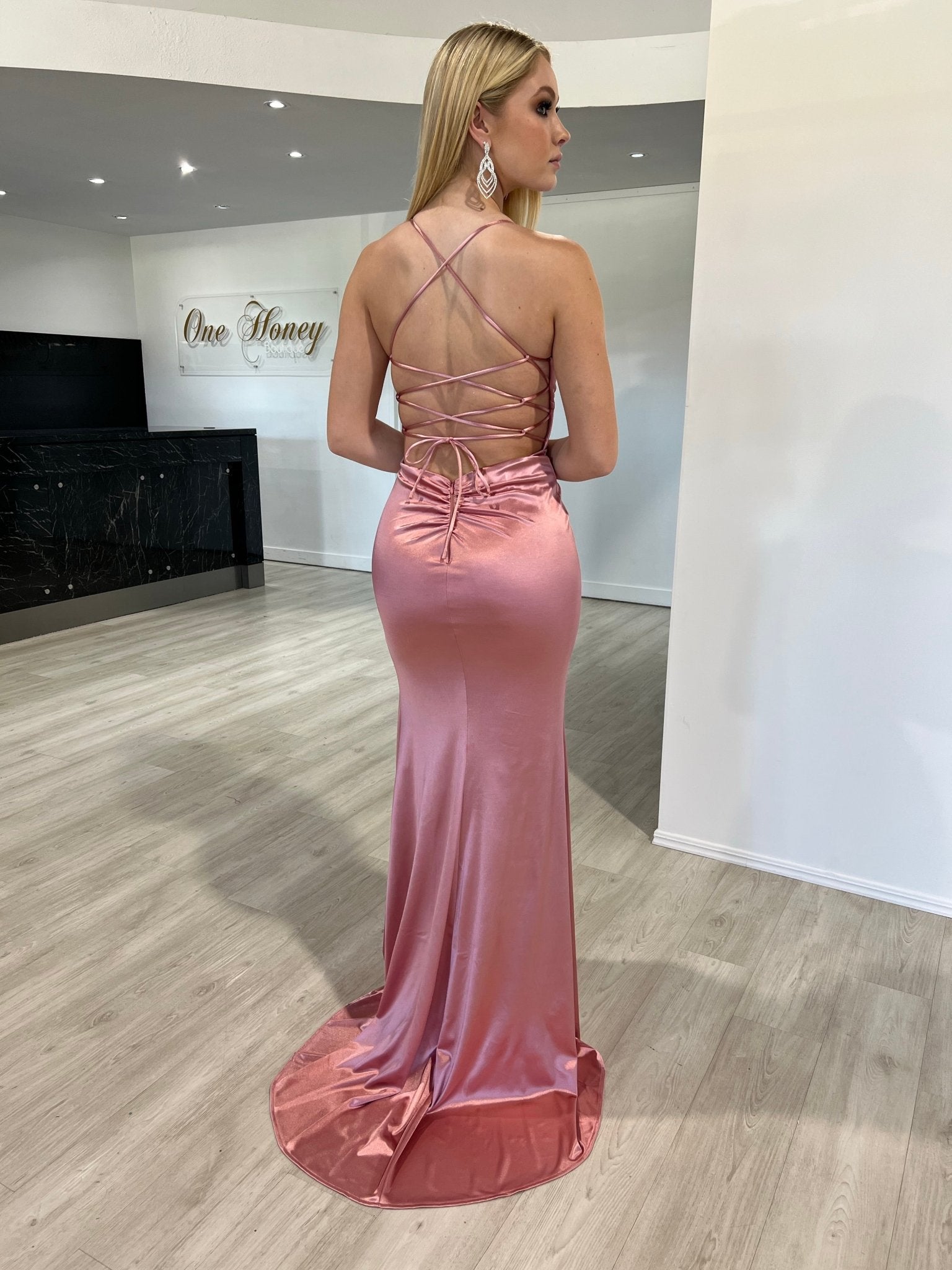 Honey Couture JALI Lace Back Silky Bum Ruching Formal Dress in Australia | One Honey Boutique