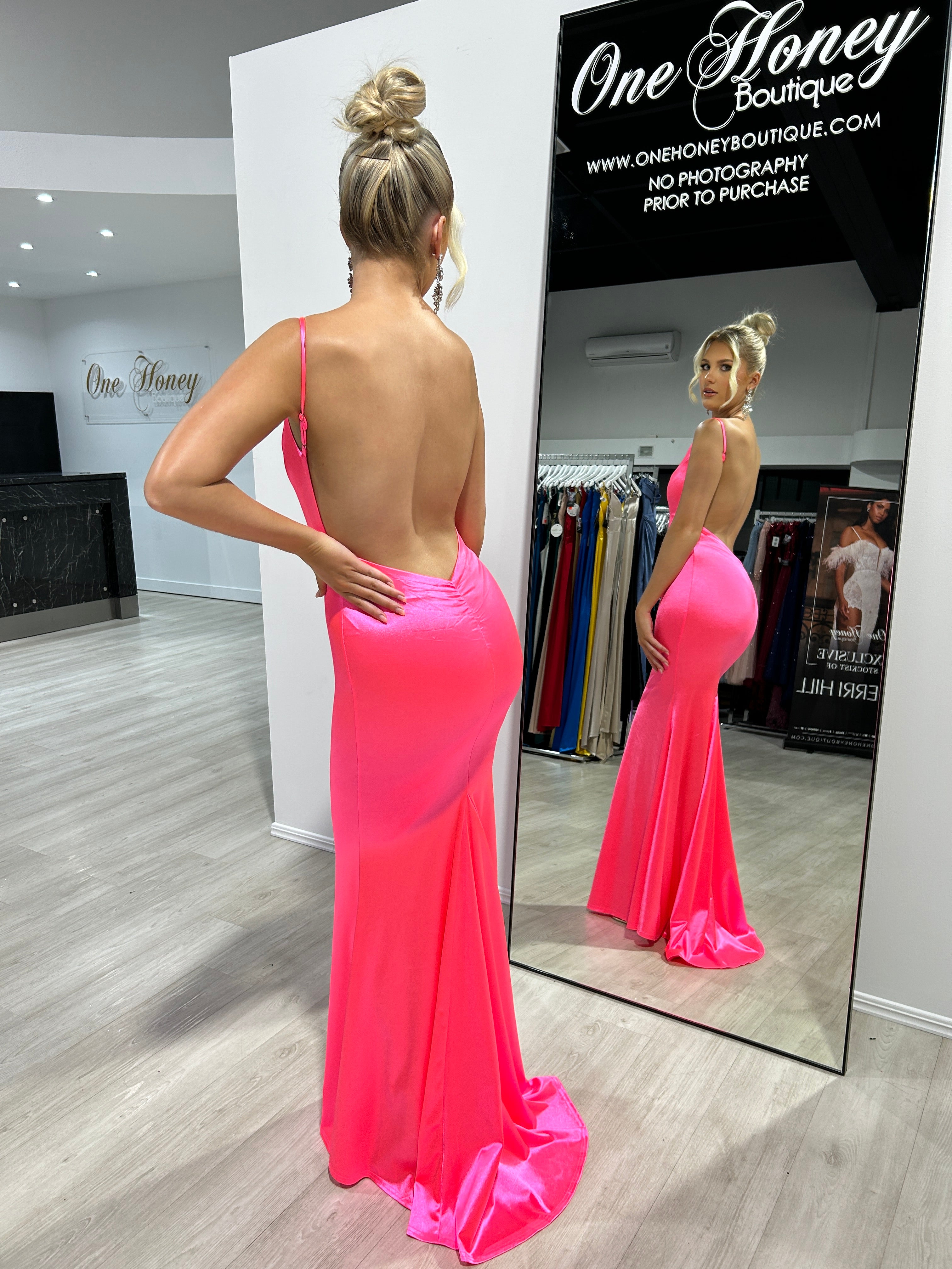 Honey Couture CYRUS Neon Fuchsia Pink Bum Scrunch Low Back Mermaid Formal Dress