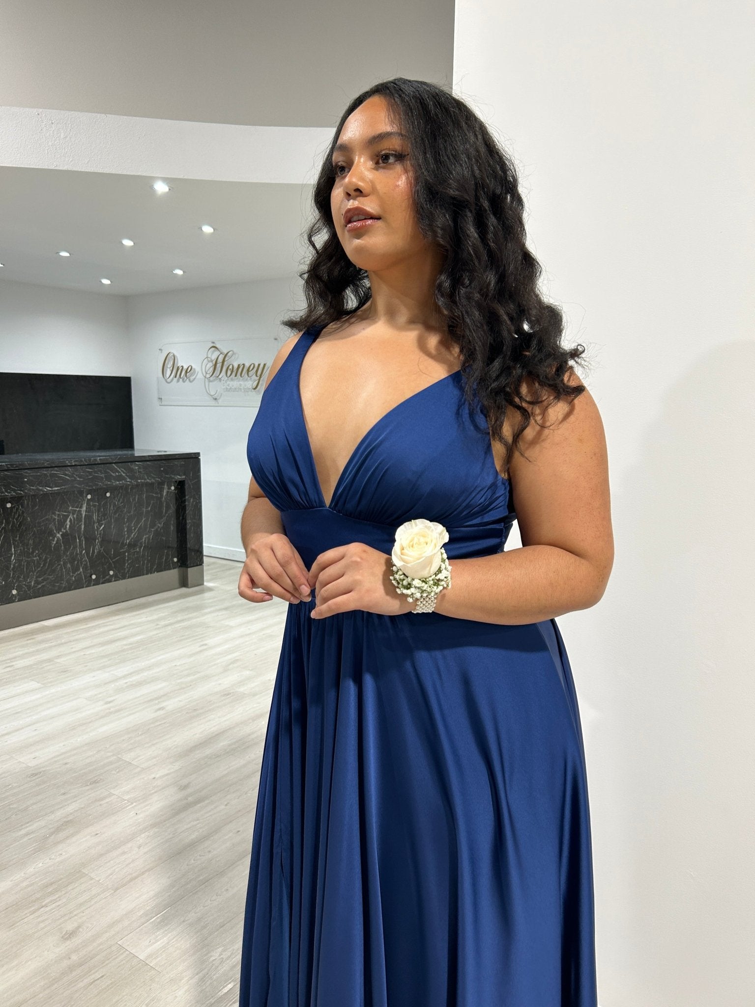 NELLIE Deep V Front Silky A Line Bridesmaid Formal Dress in Australia | One Honey Boutique