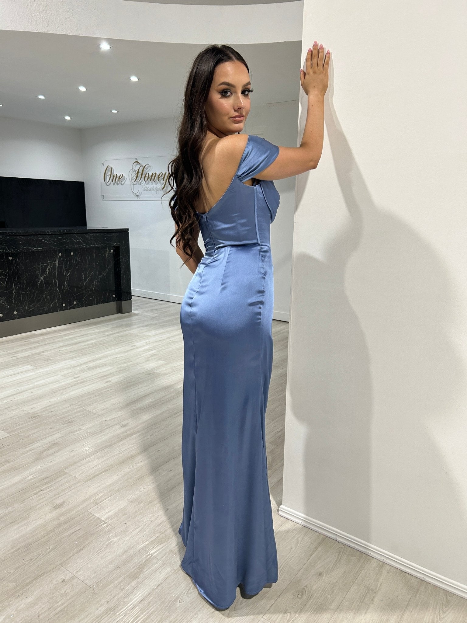 CECE Off The Shoulder Satin Corset Bustier Bridesmaid Formal Dress in Australia | One Honey Boutique