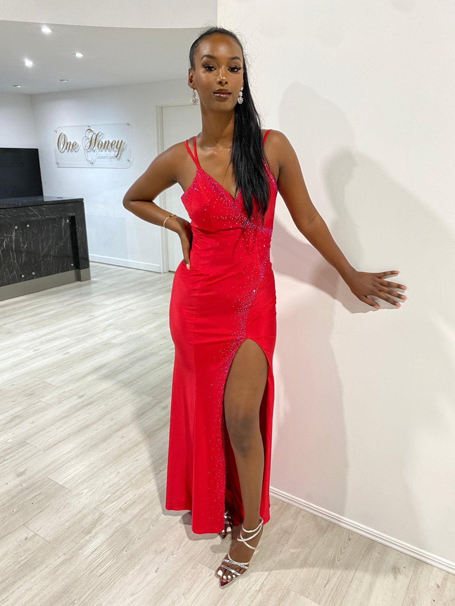 Honey Couture ORINA Diamante V Front Leg Split Formal Dress in Australia | One Honey Boutique