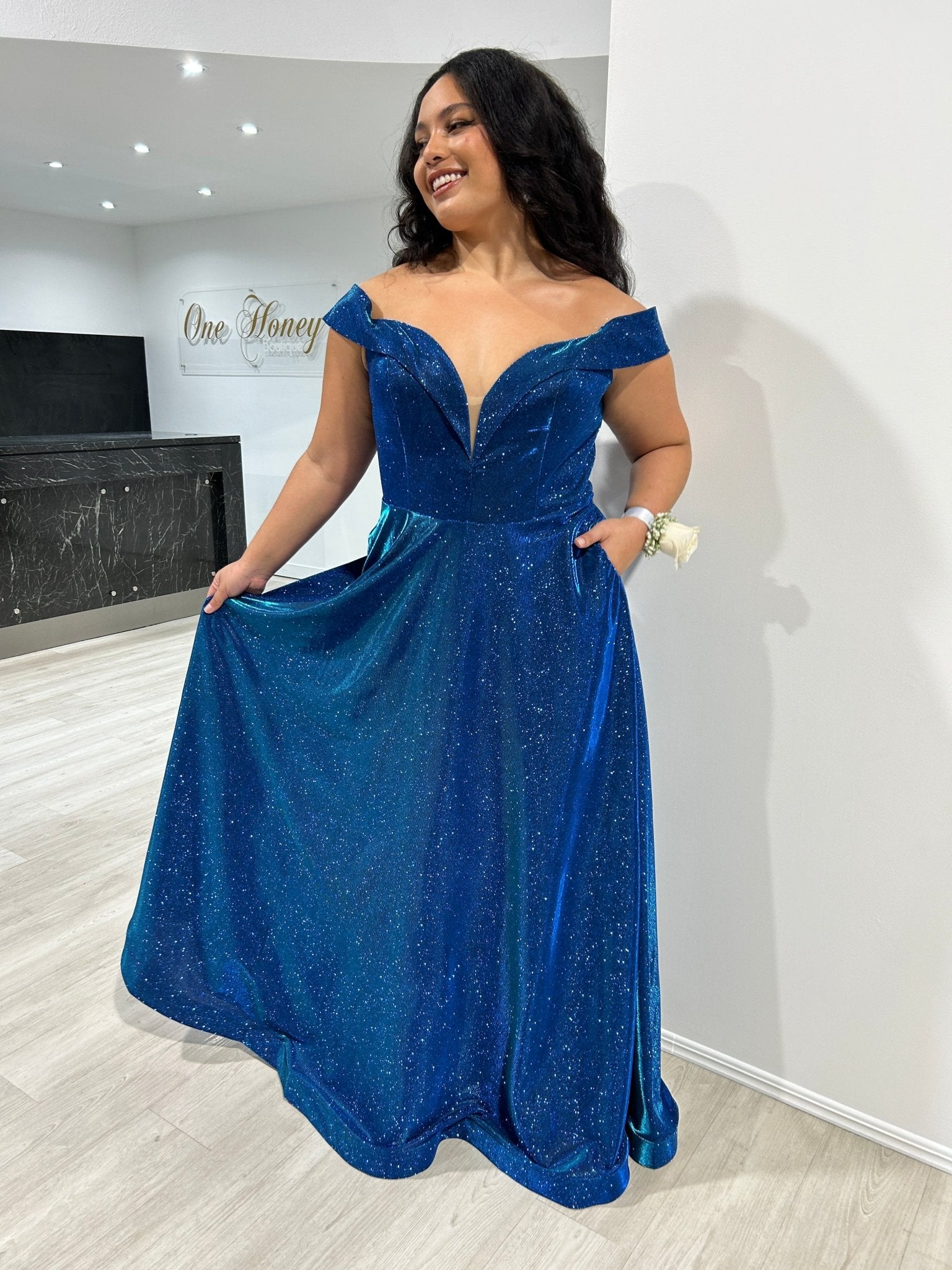 REBEL Curve Glitter Off The Shoulder Corset A - Line Formal Dress in Australia | One Honey Boutique