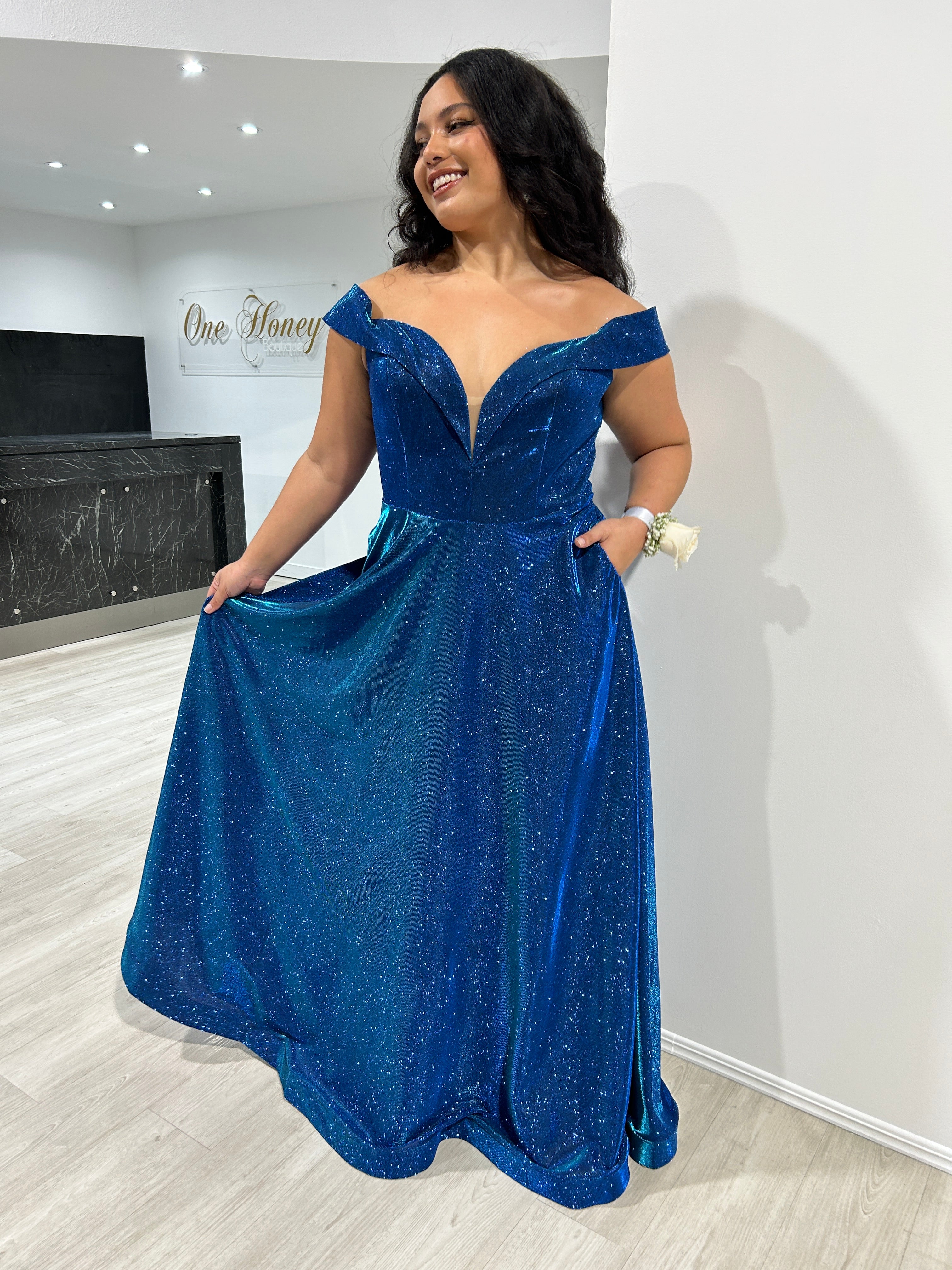 REBEL Curve Glitter Off The Shoulder Corset A-Line Formal Dress