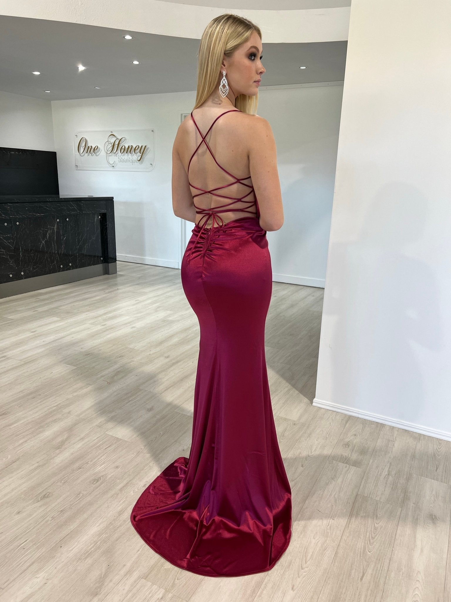 Honey Couture JALI Lace Back Silky Bum Ruching Formal Dress in Australia | One Honey Boutique