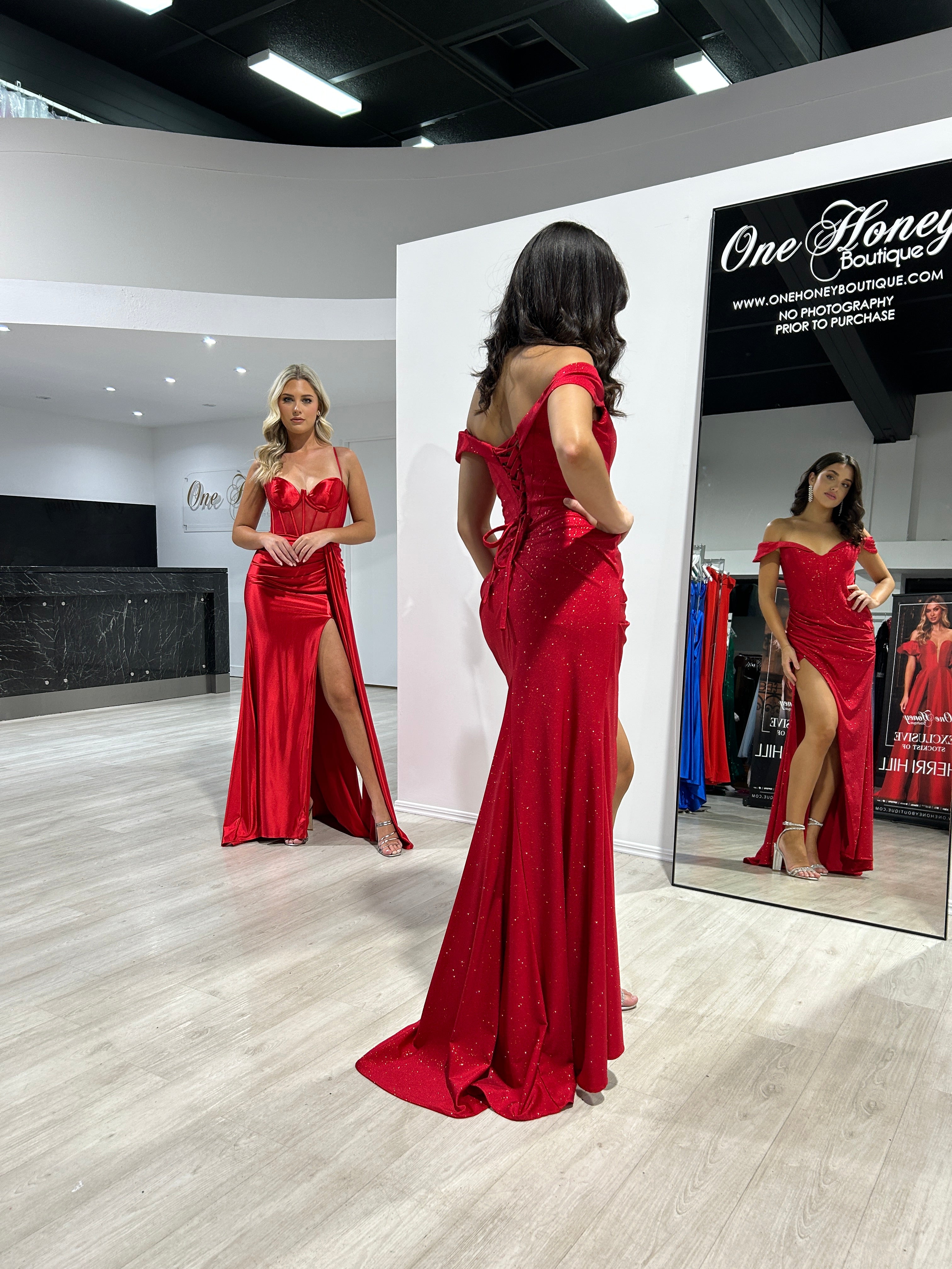 Honey Couture HARPER Red Crystal Feature Off The Shoulder Mermaid Formal Gown