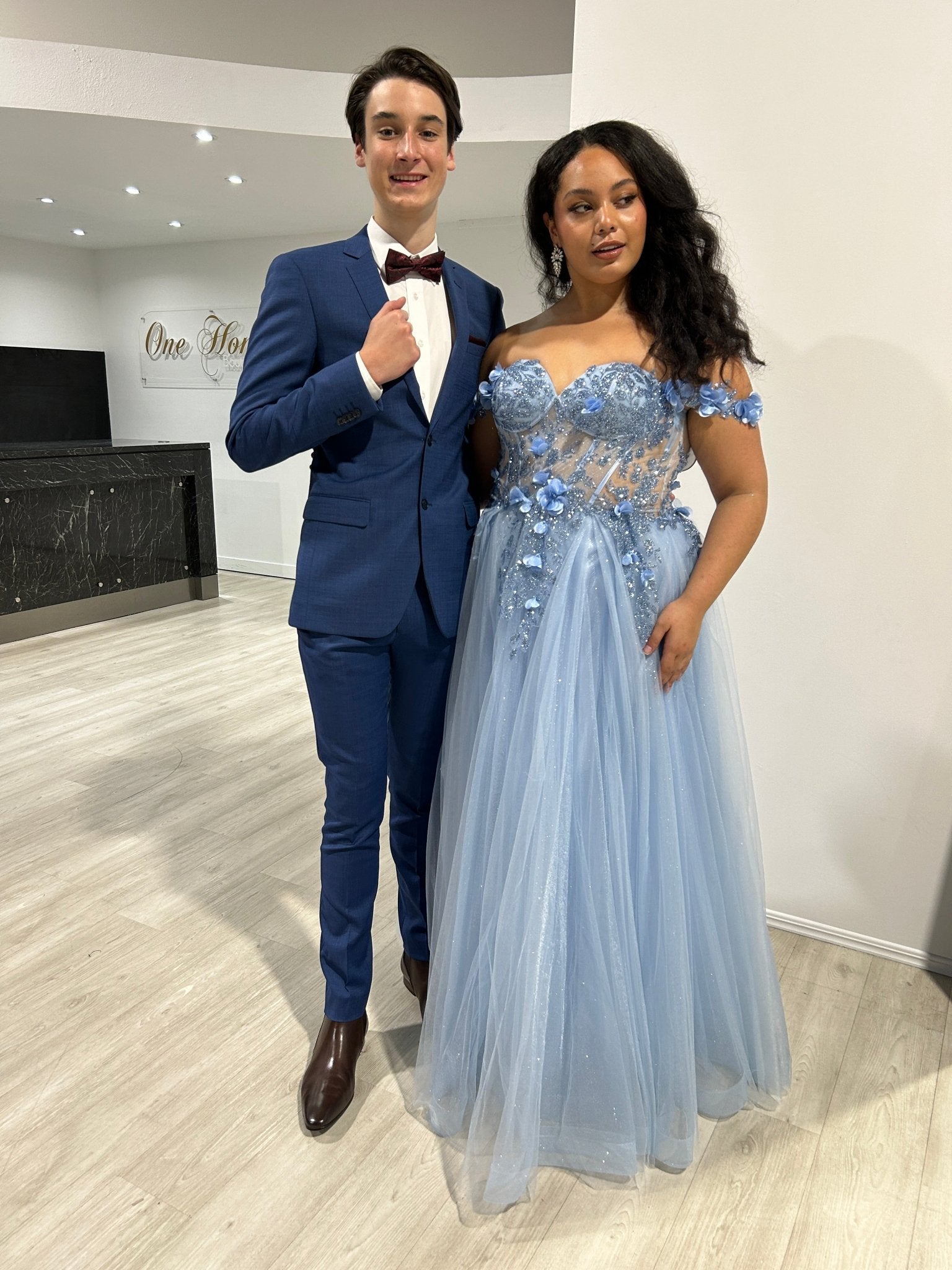 Honey Couture KARRISA Blue Glitter off the Shoulder A - Line Formal Dress in Australia | One Honey Boutique