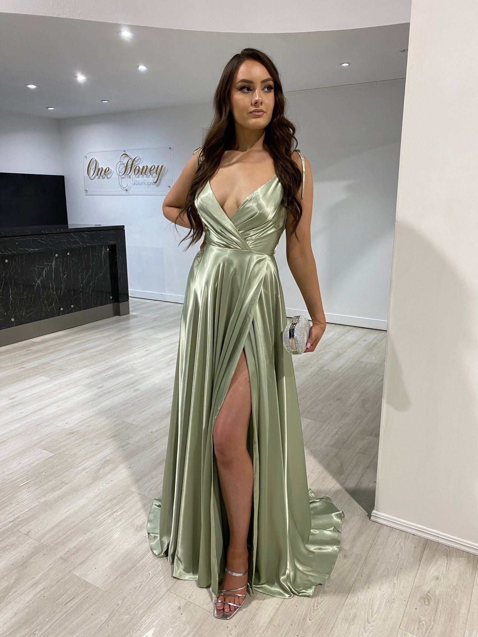 Honey Couture HUNTAR Sage Green Silky A Line Bridesmaid Formal Dress (RED TAG FINAL SALE) in Australia | One Honey Boutique