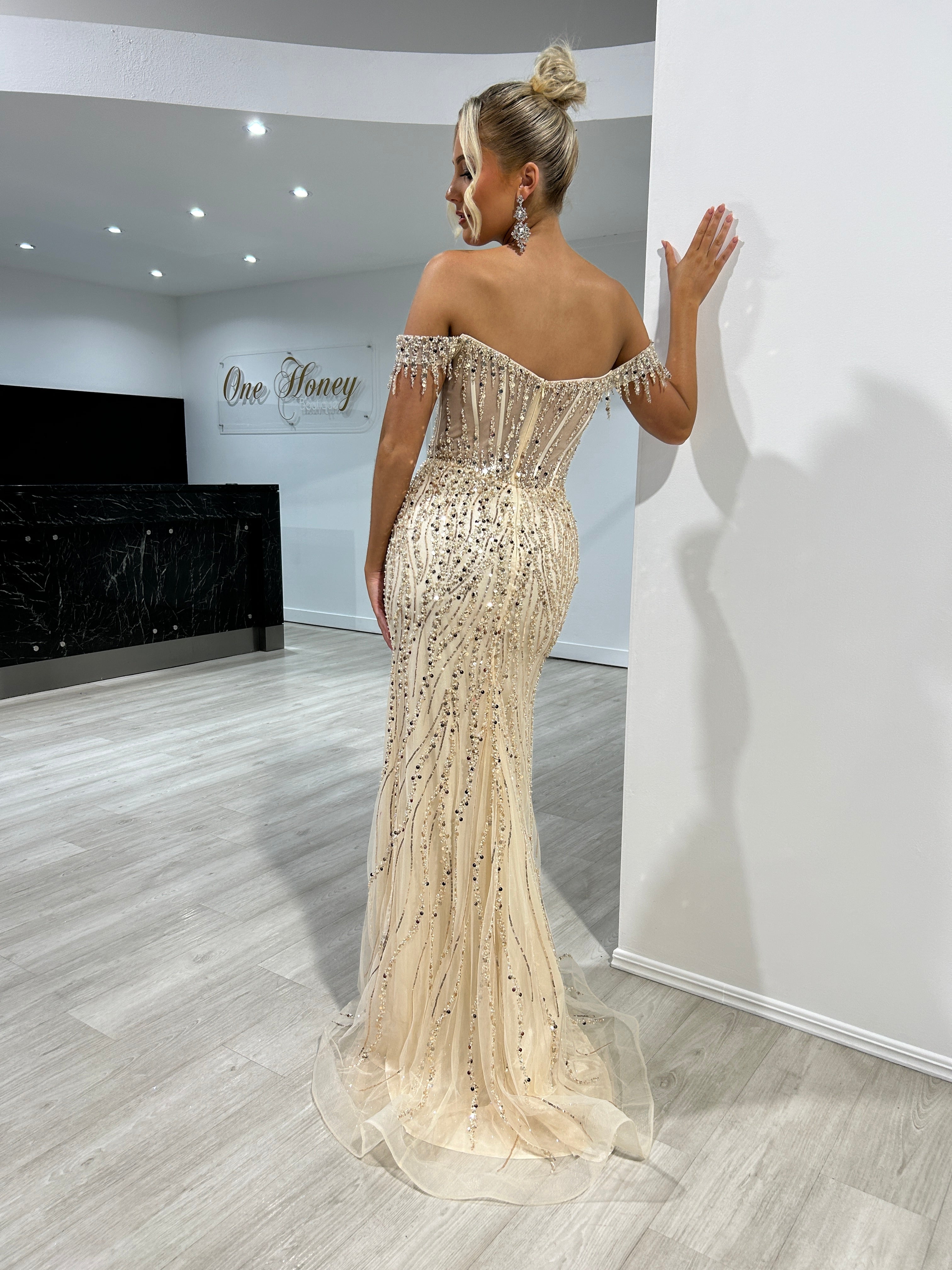 Honey Couture SOVIA Champagne Off The Shoulder Beaded Embellished Corset Mermaid Formal Dress