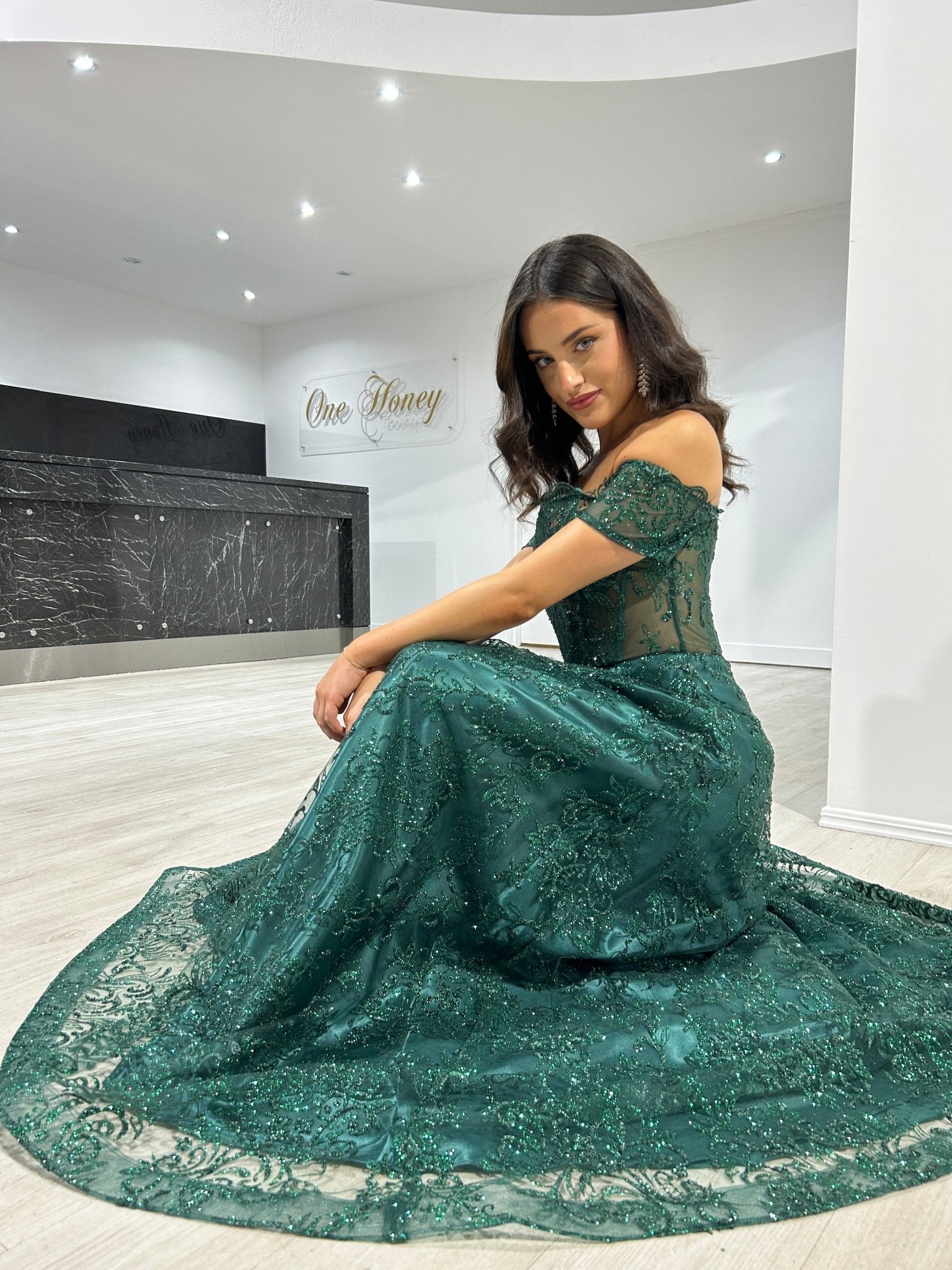 THEA Off The Shoulder Glitter Ball Gown Formal Dress in Australia | One Honey Boutique