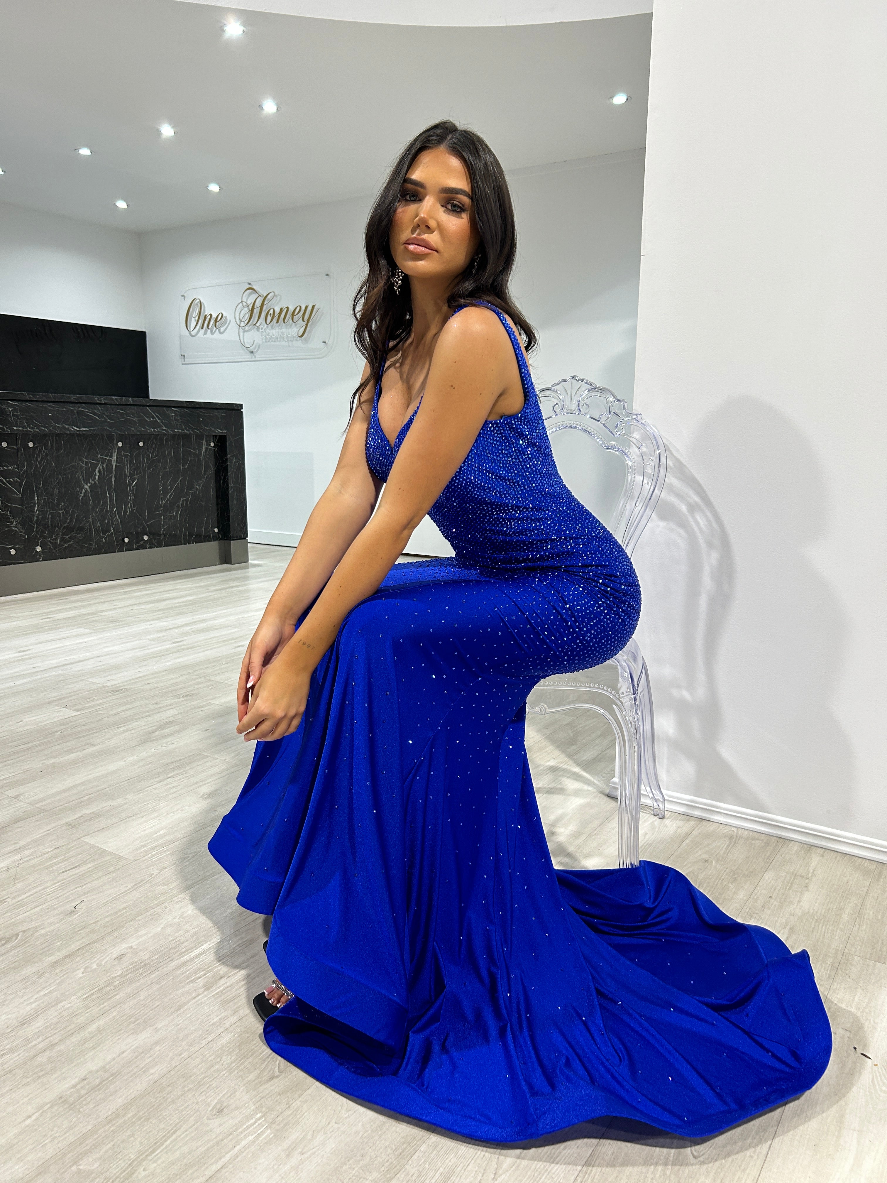 Honey Couture MAI Royal Blue Diamante Feature Mermaid Formal Dress
