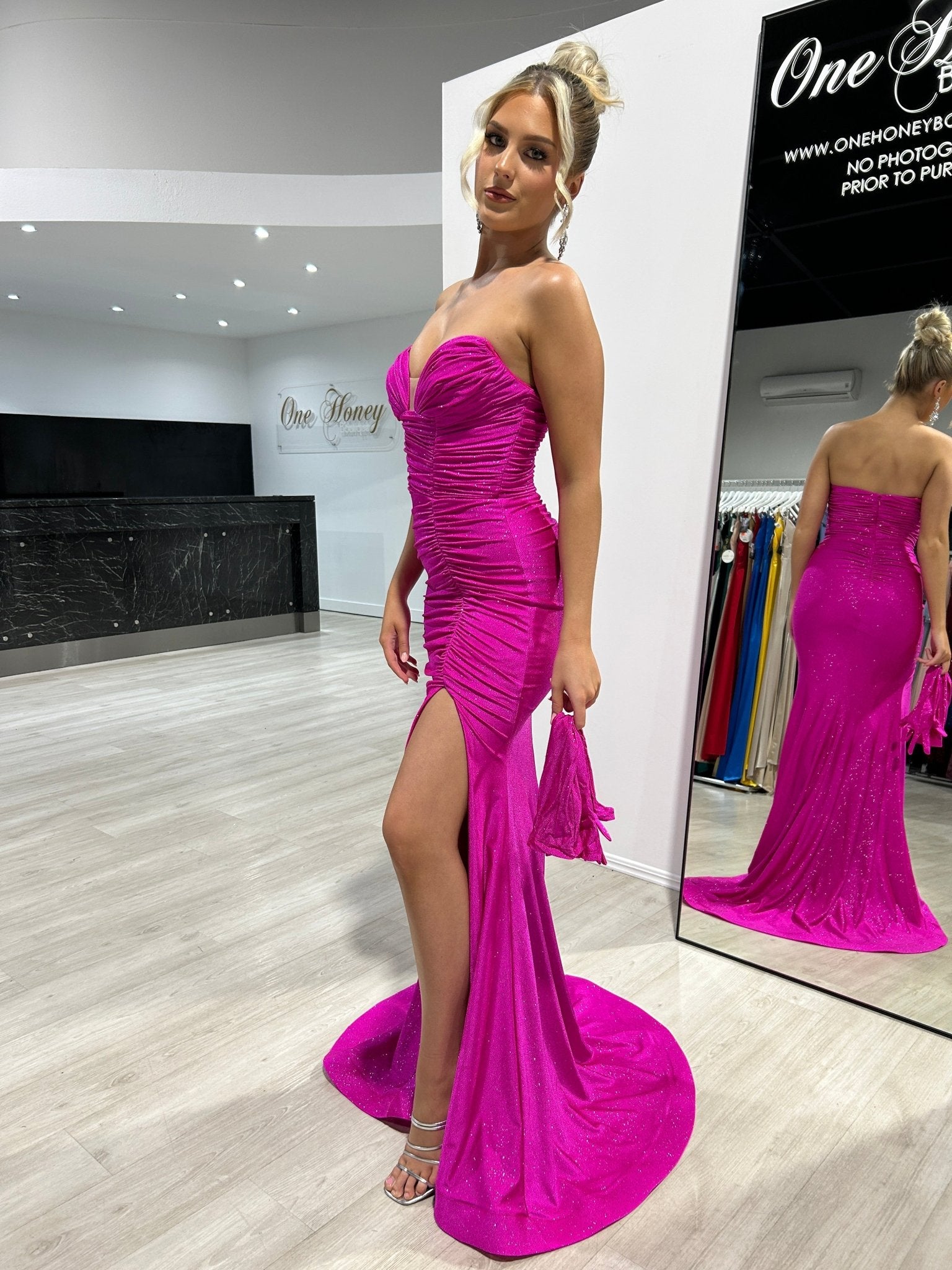 JESIKA Glitter Strapless Mermaid Dress with Gloves in Australia | One Honey Boutique