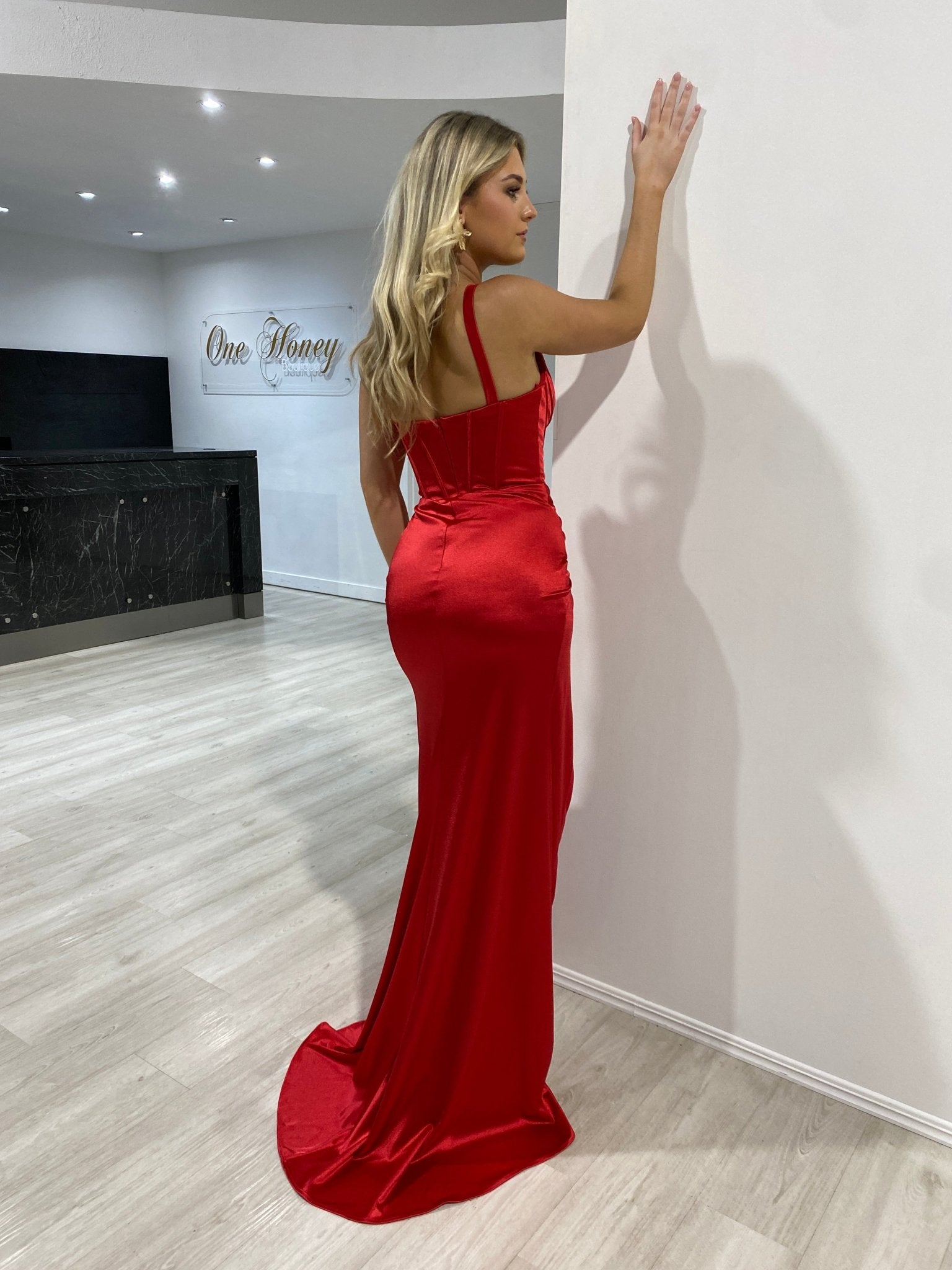 JADE Silky Satin Corset Leg Split Formal Dress in Australia | One Honey Boutique