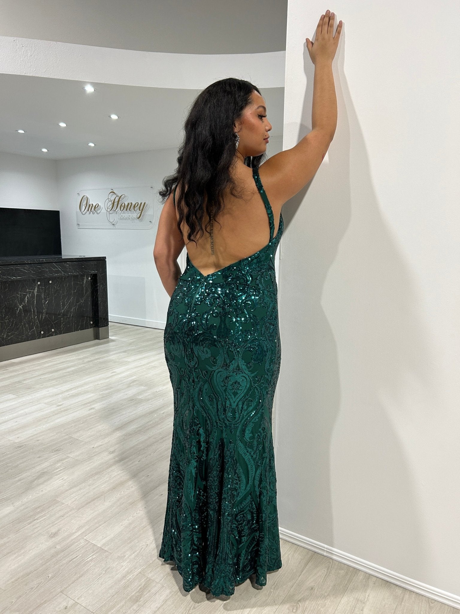 Honey Couture MIA Sequin Open Back Formal Gown in Australia | One Honey Boutique