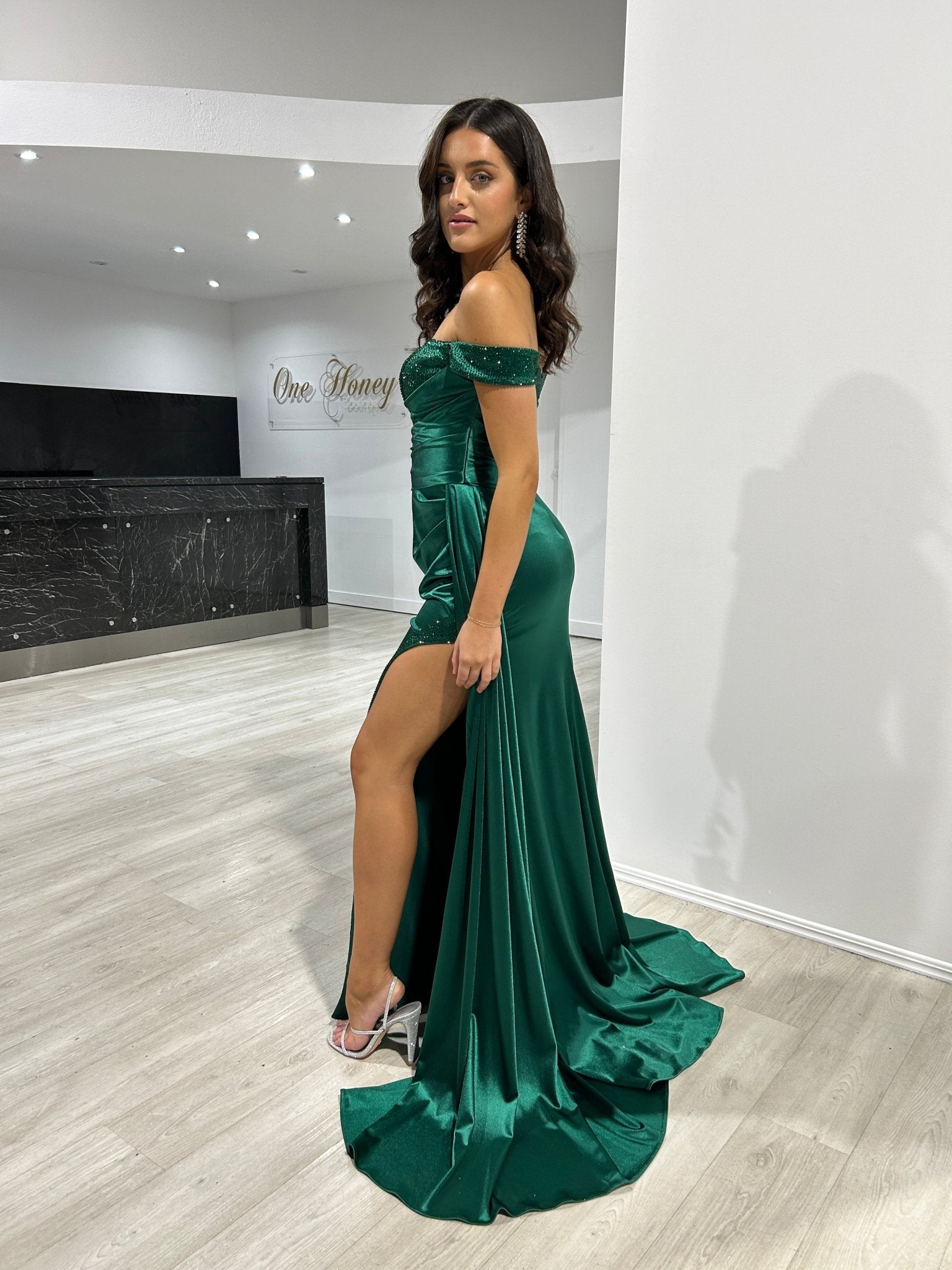 AMARA Satin Diamanté Detail Off The Shoulder Formal Dress in Australia | One Honey Boutique