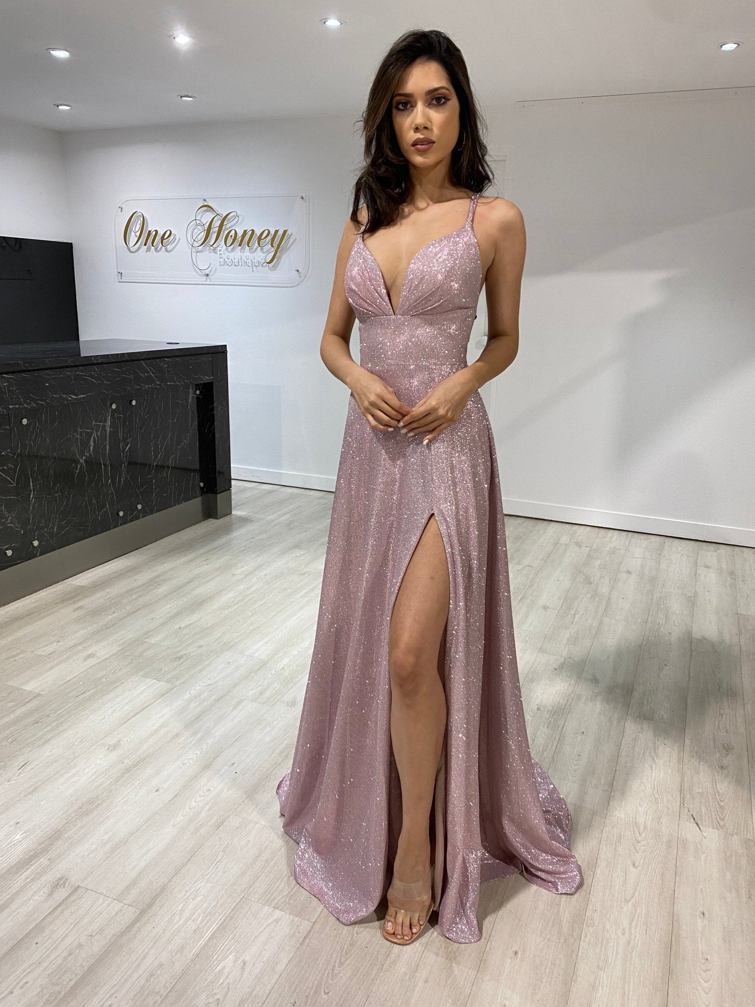 HOLLIE A Line Glitter Effect Formal Dress in Australia | One Honey Boutique